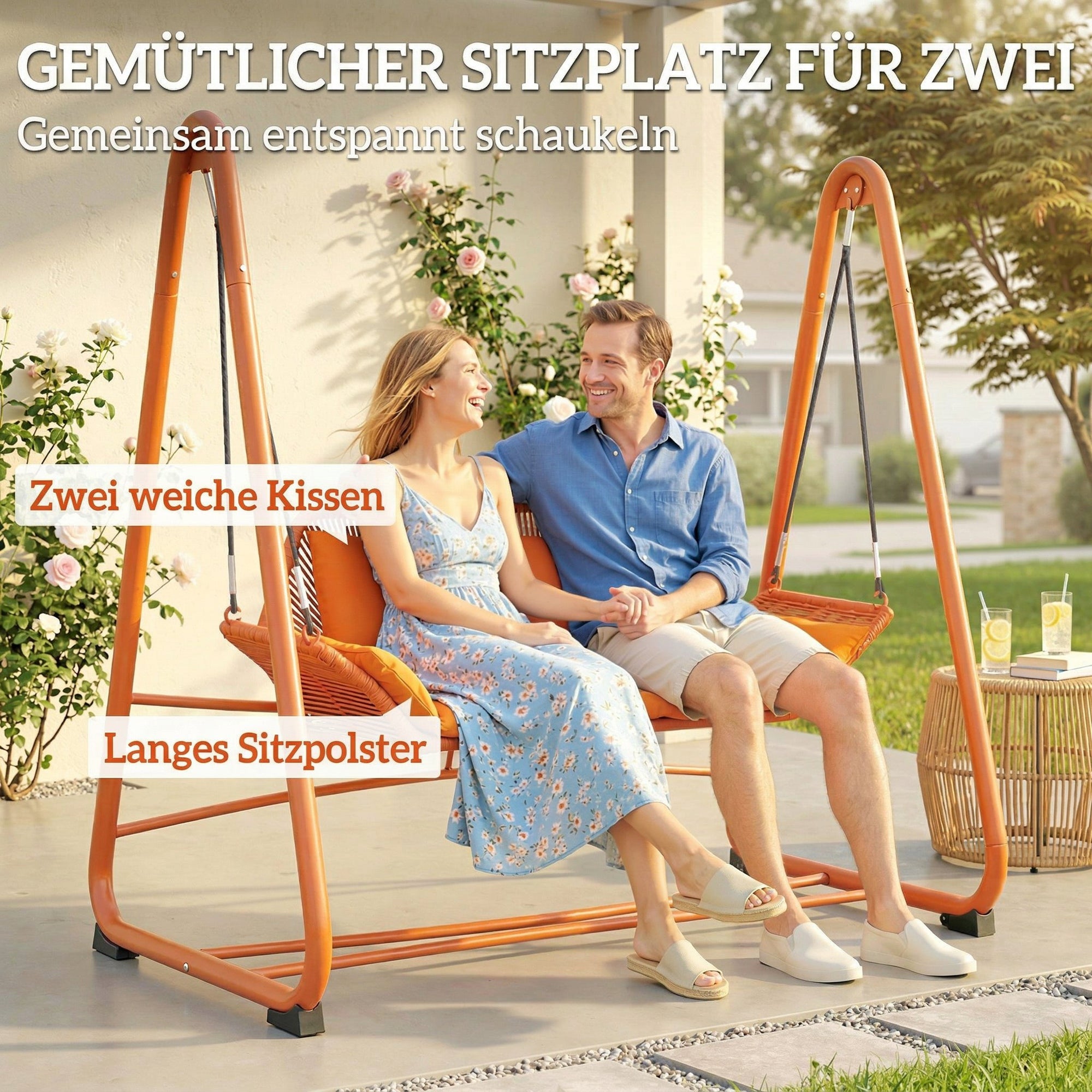 Terracotta 2-Person Hollywood Swing with Cushions — Metal A-Frame Hanging Lounger for Garden, Patio & Balcony (68.5 x 47.2 x 63.8 in)