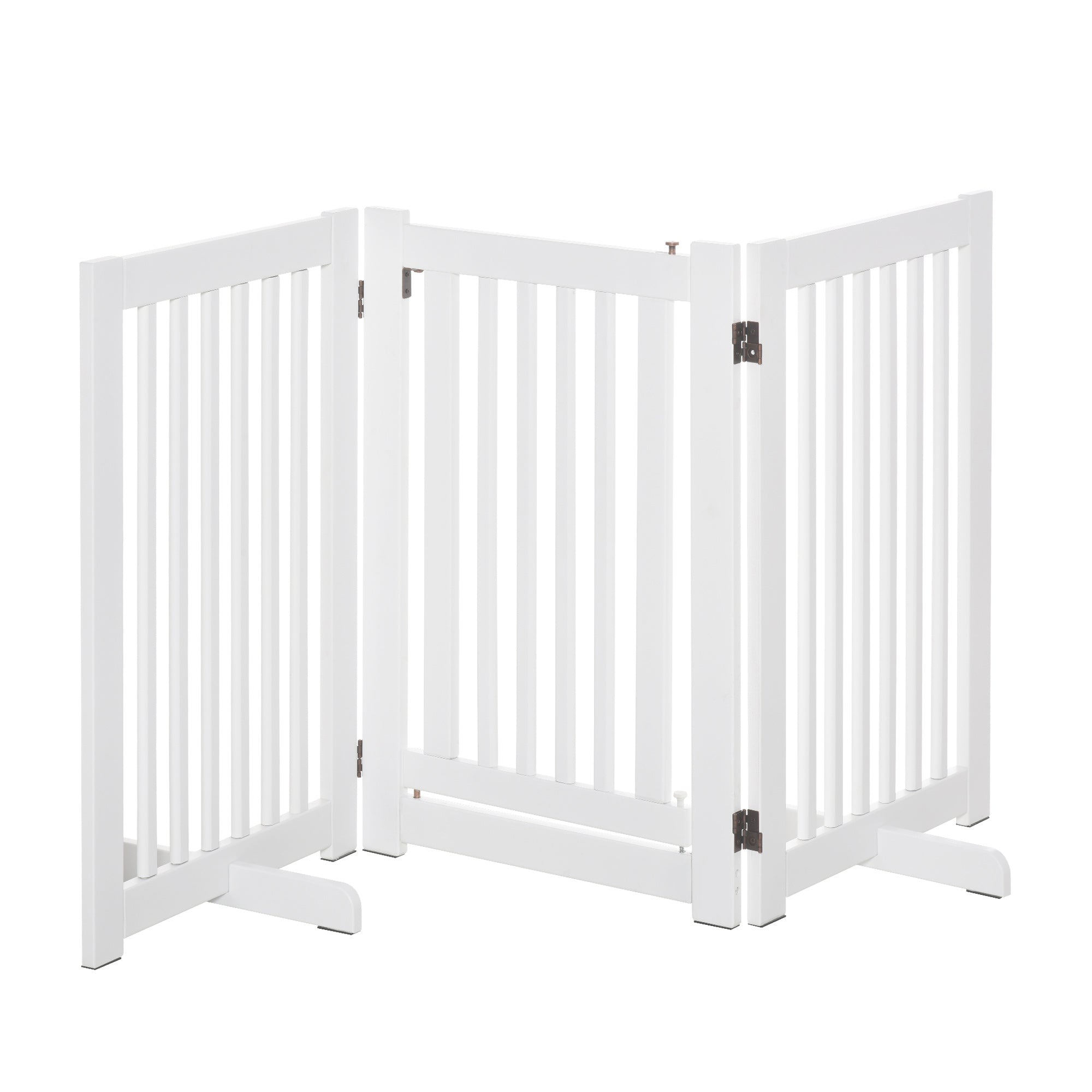 Wooden Dog Gate 61x30 inches Pet Fence Foldable 3 Panels with 1 Door and Support Legs for Hallway Stairway White