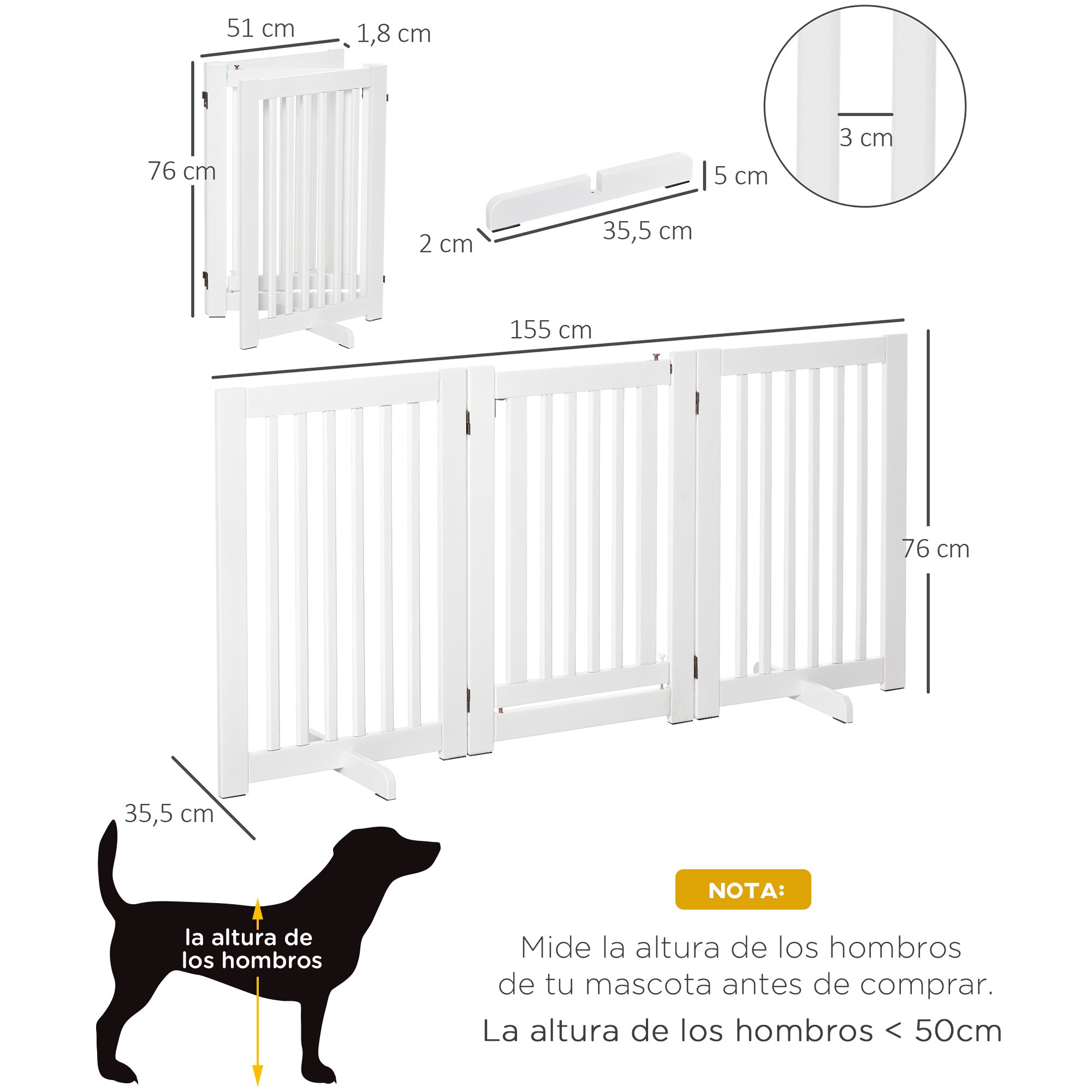 Wooden Dog Gate 61x30 inches Pet Fence Foldable 3 Panels with 1 Door and Support Legs for Hallway Stairway White