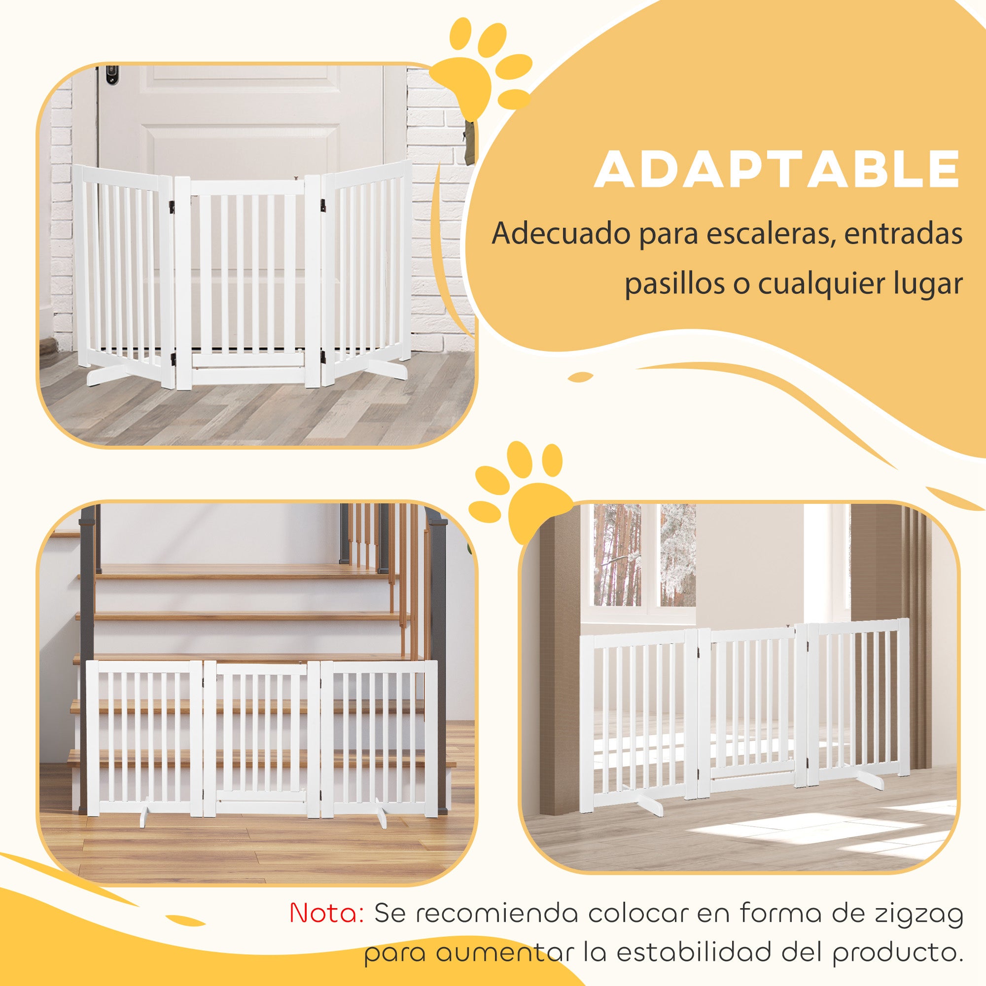 Wooden Dog Gate 61x30 inches Pet Fence Foldable 3 Panels with 1 Door and Support Legs for Hallway Stairway White