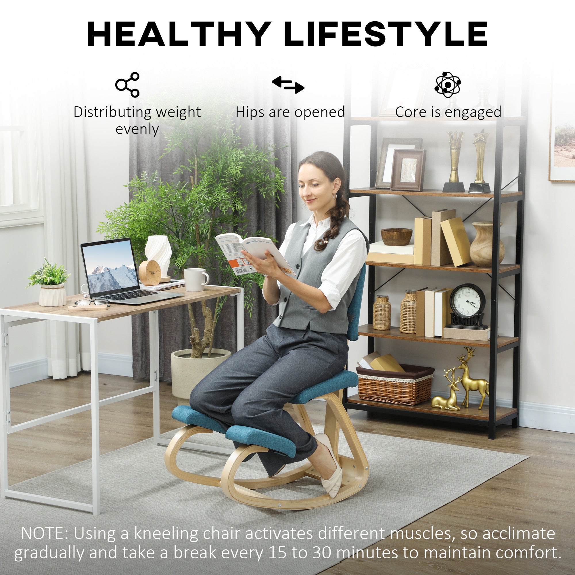 Ergonomic Kneeling Chair with Backrest — Birch Wood Office & Meditation Stool (Dark Blue)