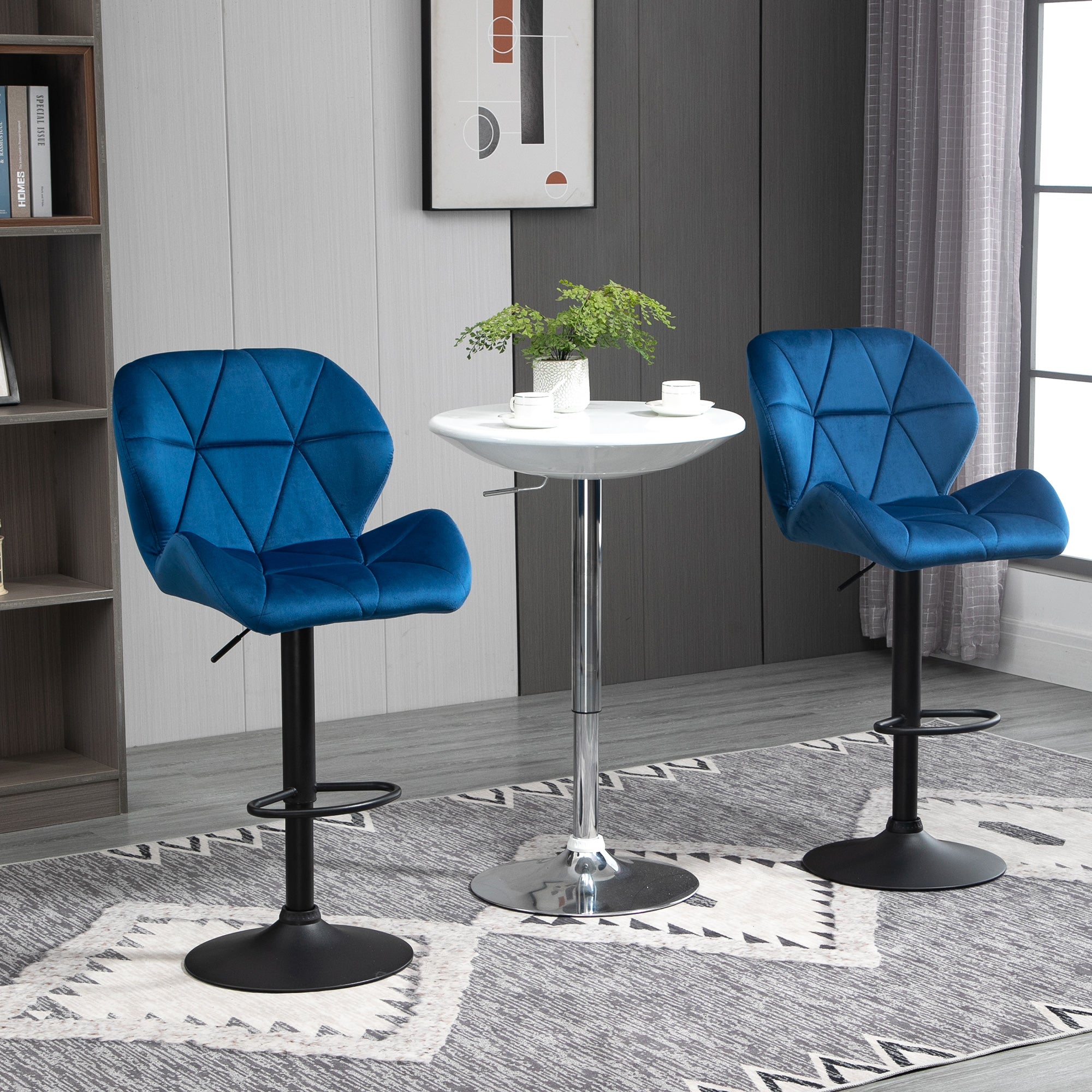 Set of 2 Swivel Bar Stools with Adjustable Height, Velvet Upholstery and Round Base, 51.5x57.5x93-114.5cm, Blue