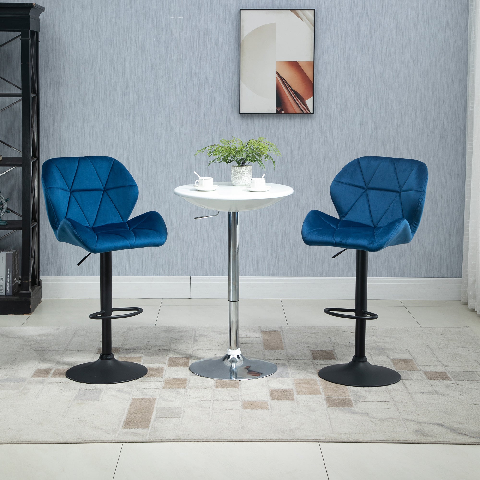 Set of 2 Swivel Bar Stools with Adjustable Height, Velvet Upholstery and Round Base, 51.5x57.5x93-114.5cm, Blue