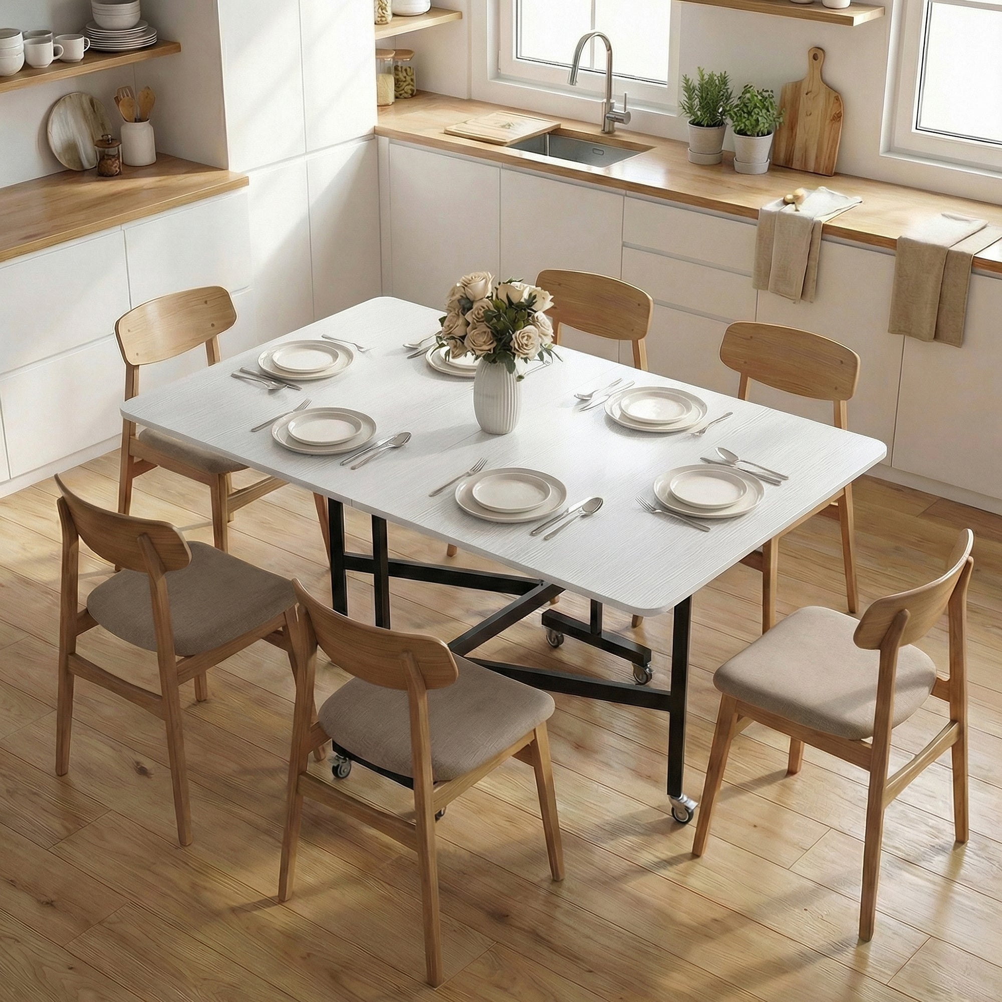 Folding Dining Table for 4–6 with Wheels, Steel Legs — Space-Saving Mobile Table for Small Kitchens, 47.2" x 31.5" x 28.7", White