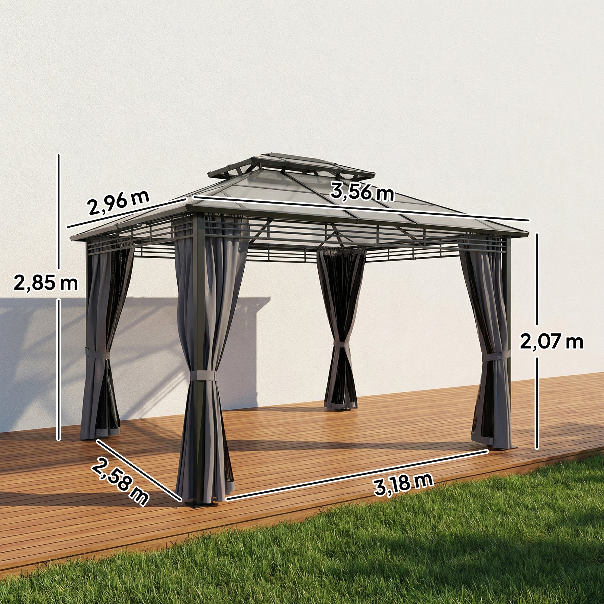 Garden Gazebo approx. 3.6 x 3 m – Aluminum Gazebo with 6 mm Double Polycarbonate Roof, Mosquito Net, 4 Side Curtains, Water-Resistant Sturdy Hardtop Pergola, Dark Gray