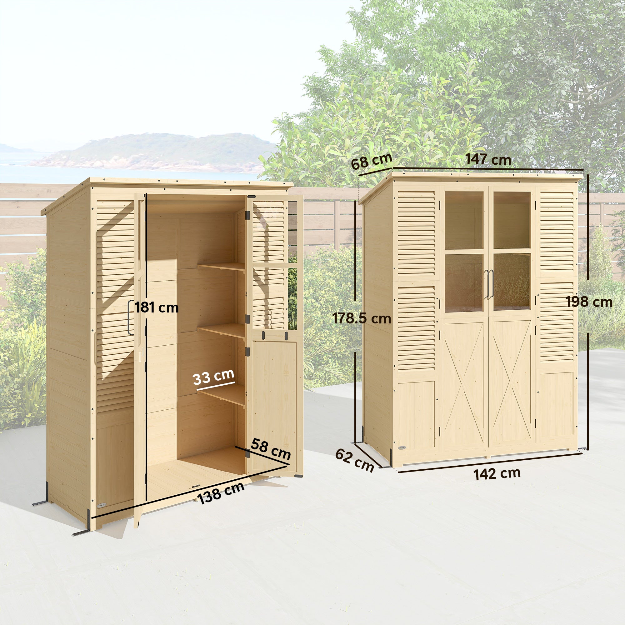 Walk-In Fir Wood Garden Shed with Asphalt Sloped Roof, 4 Windows, 6 Shelves, Ventilation & Anti-Tip Kit — 57.9 x 26.8 x 78.0 in (147 x 68 x 198 cm), Natural Wood
