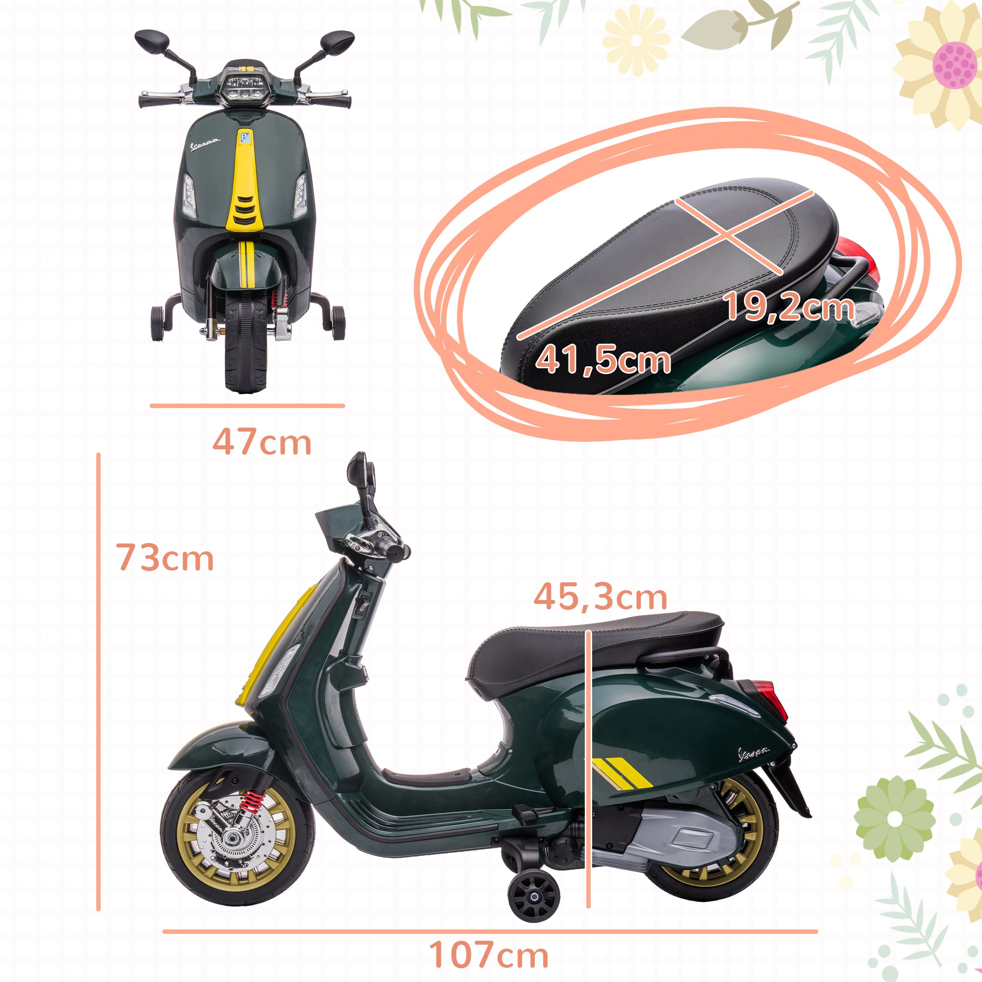 Kids' Electric Vespa Scooter 6V Electric Motorcycle for Kids 3-6 Years old dim. 107L x 47W x 73H cm MP3 Music USB Port FM Radio Headlight 2 Drive Wheels - Green