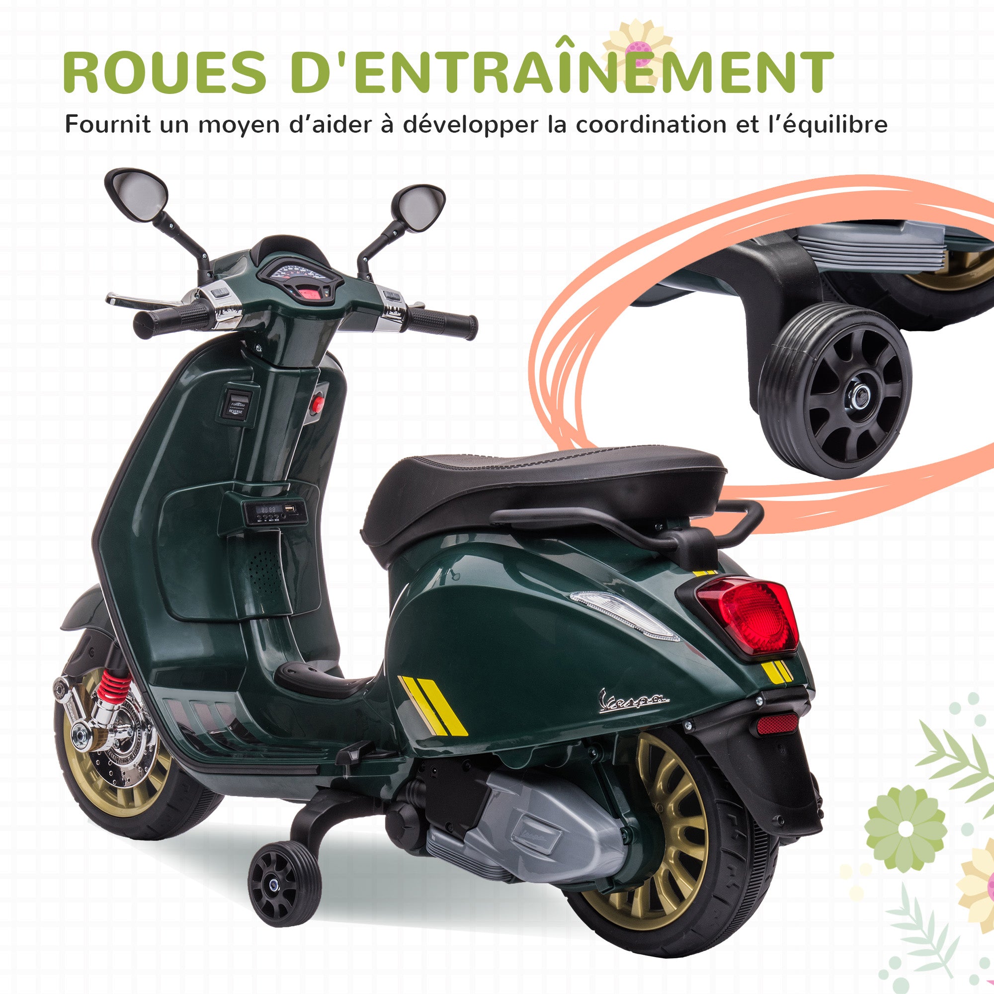 Kids' Electric Vespa Scooter 6V Electric Motorcycle for Kids 3-6 Years old dim. 107L x 47W x 73H cm MP3 Music USB Port FM Radio Headlight 2 Drive Wheels - Green