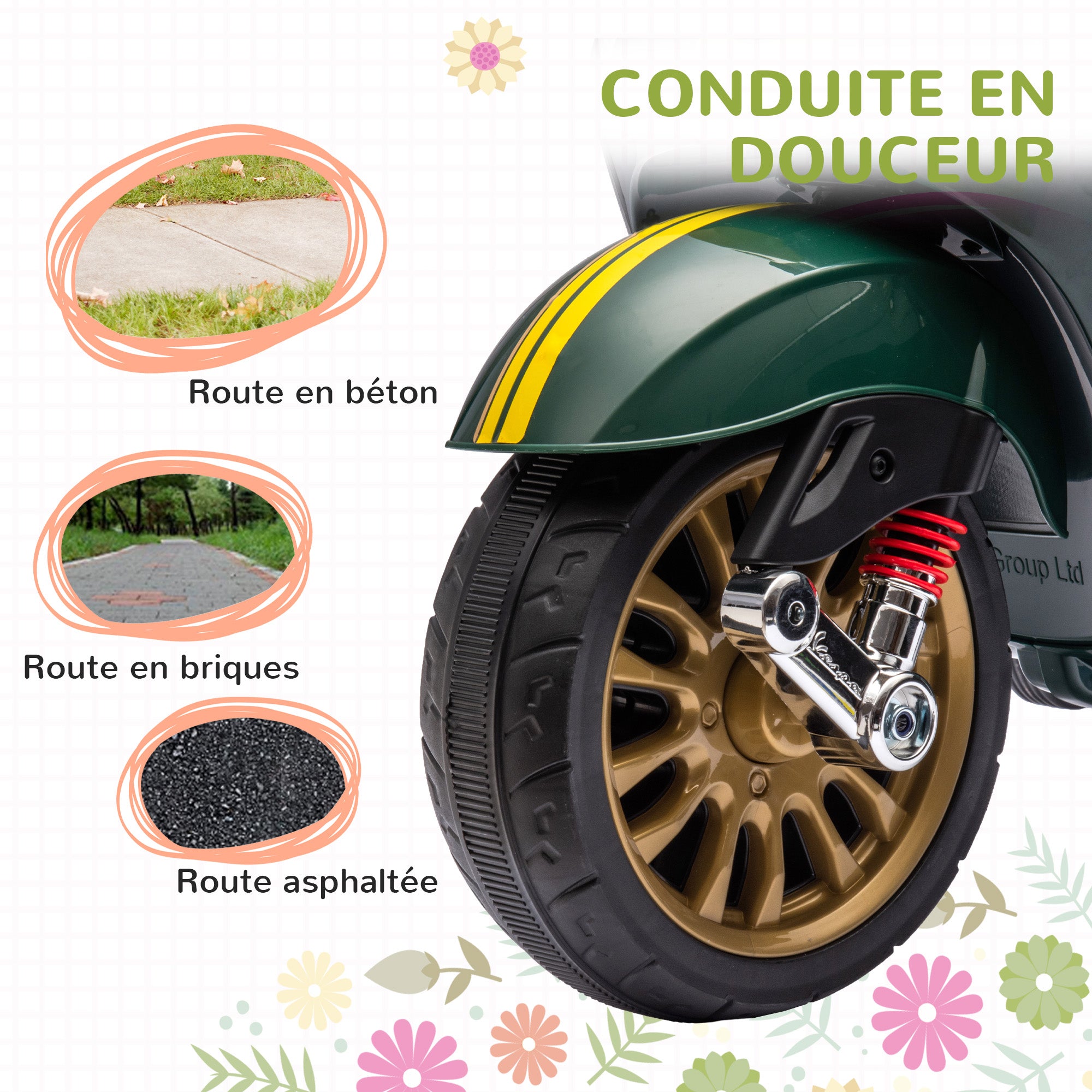 Kids' Electric Vespa Scooter 6V Electric Motorcycle for Kids 3-6 Years old dim. 107L x 47W x 73H cm MP3 Music USB Port FM Radio Headlight 2 Drive Wheels - Green