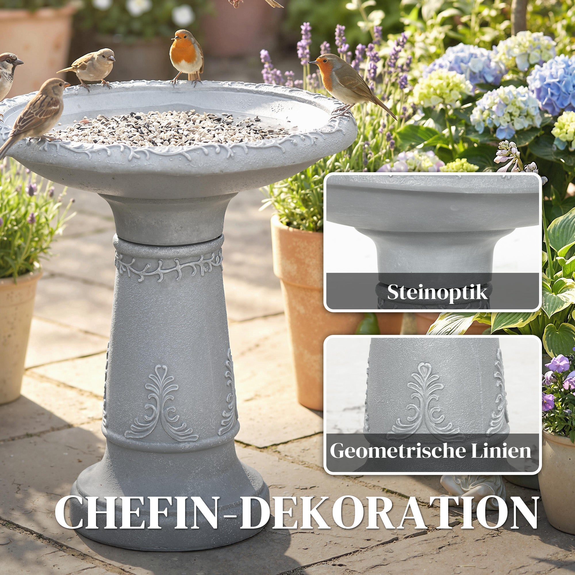 Resin Stone-Look Bird Bath, 20 in (51 cm) — Freestanding Garden Feeder & Bath, Gray
