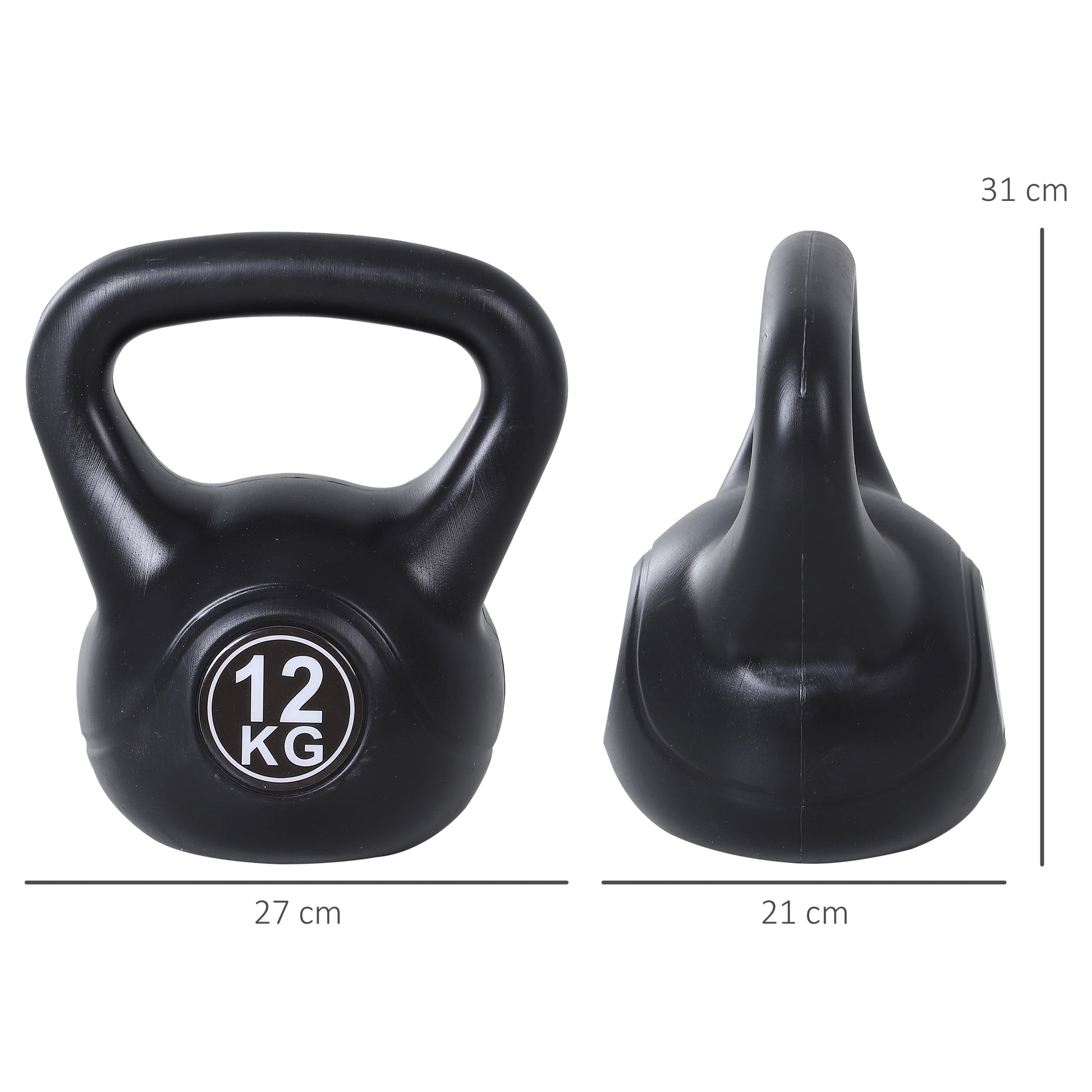 12 kg Kettlebell Fitness Sand Filled Russian Weight with Wide Non-Slip Handle for Home and Gym Exercise and Training 27x21x31 cm Black