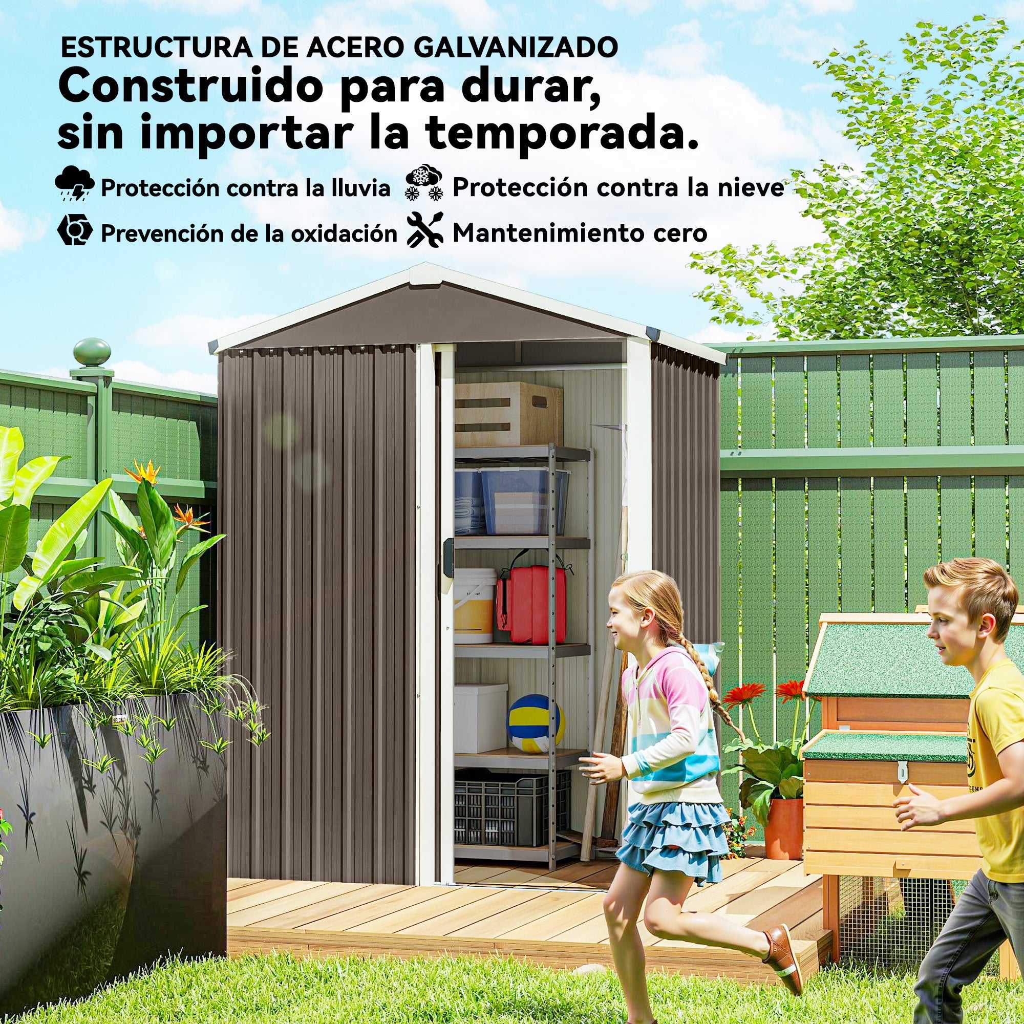 Metal Garden Shed — 1.18 m² (136 × 87 × 179 cm) Sliding Door, Sloped Roof, Gloves Included, Brown