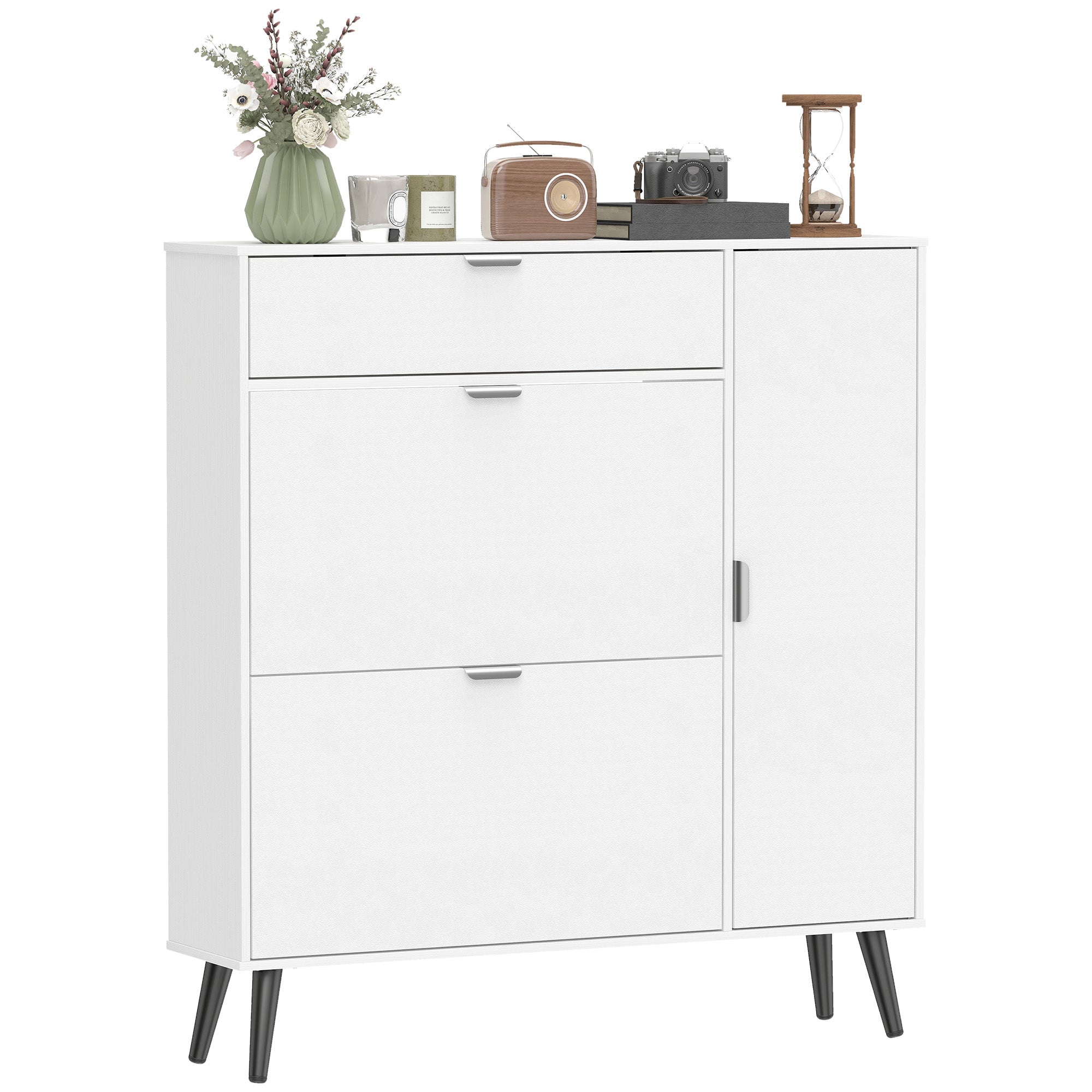 Slim Shoe Cabinet with 2 Flip Compartments, Leather-Effect Doors, 2 Cupboards & Adjustable Shelves, Soft-Close for Hallway & Entry — White