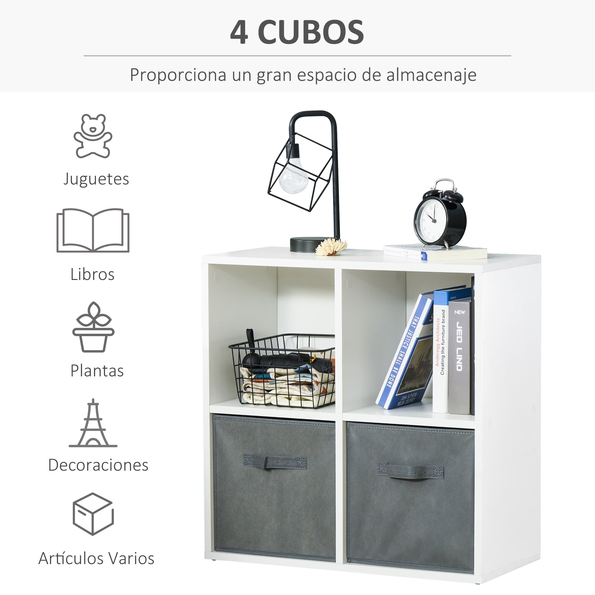 4-Cube Bookshelf Modular Bookcase with 2 Removable Non-Woven Fabric Drawers for Office Study Bedroom 61.5x30x61.5 cm White and Gray