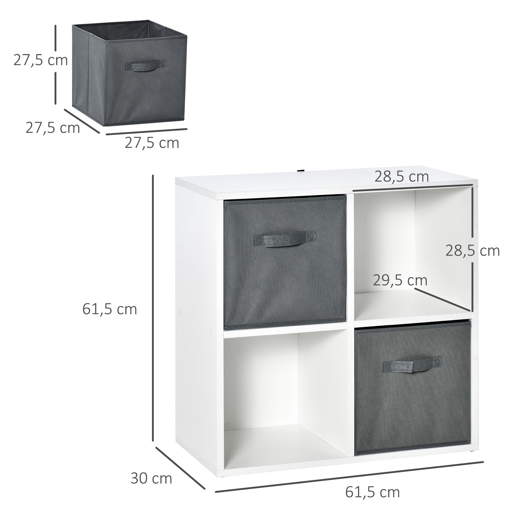 4-Cube Bookshelf Modular Bookcase with 2 Removable Non-Woven Fabric Drawers for Office Study Bedroom 61.5x30x61.5 cm White and Gray