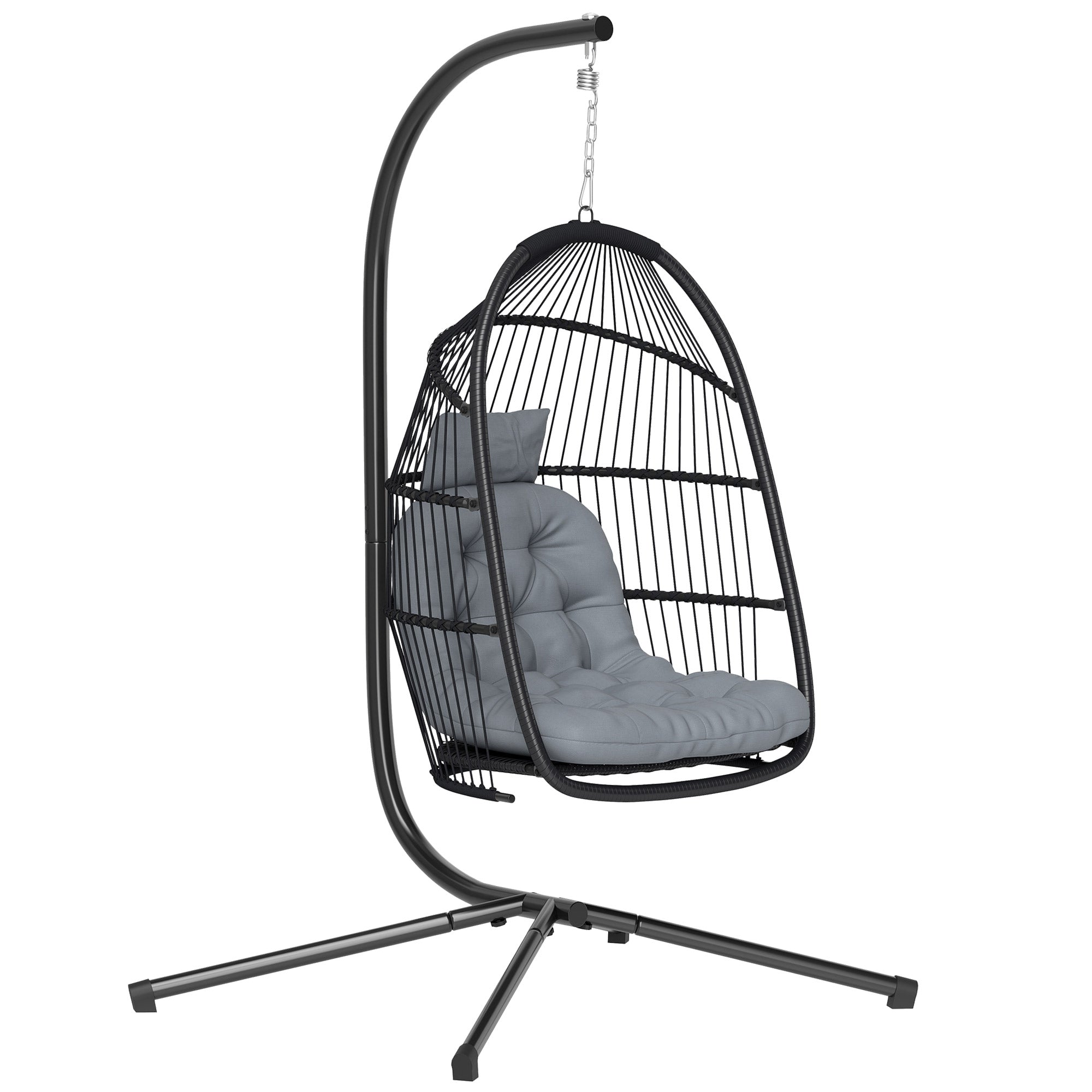 Egg Hanging Chair with Stand — Foldable PE Rattan Swing with UV-Resistant Cushion and Removable Headrest for Indoor & Outdoor, 331 lb Capacity, Dark Gray