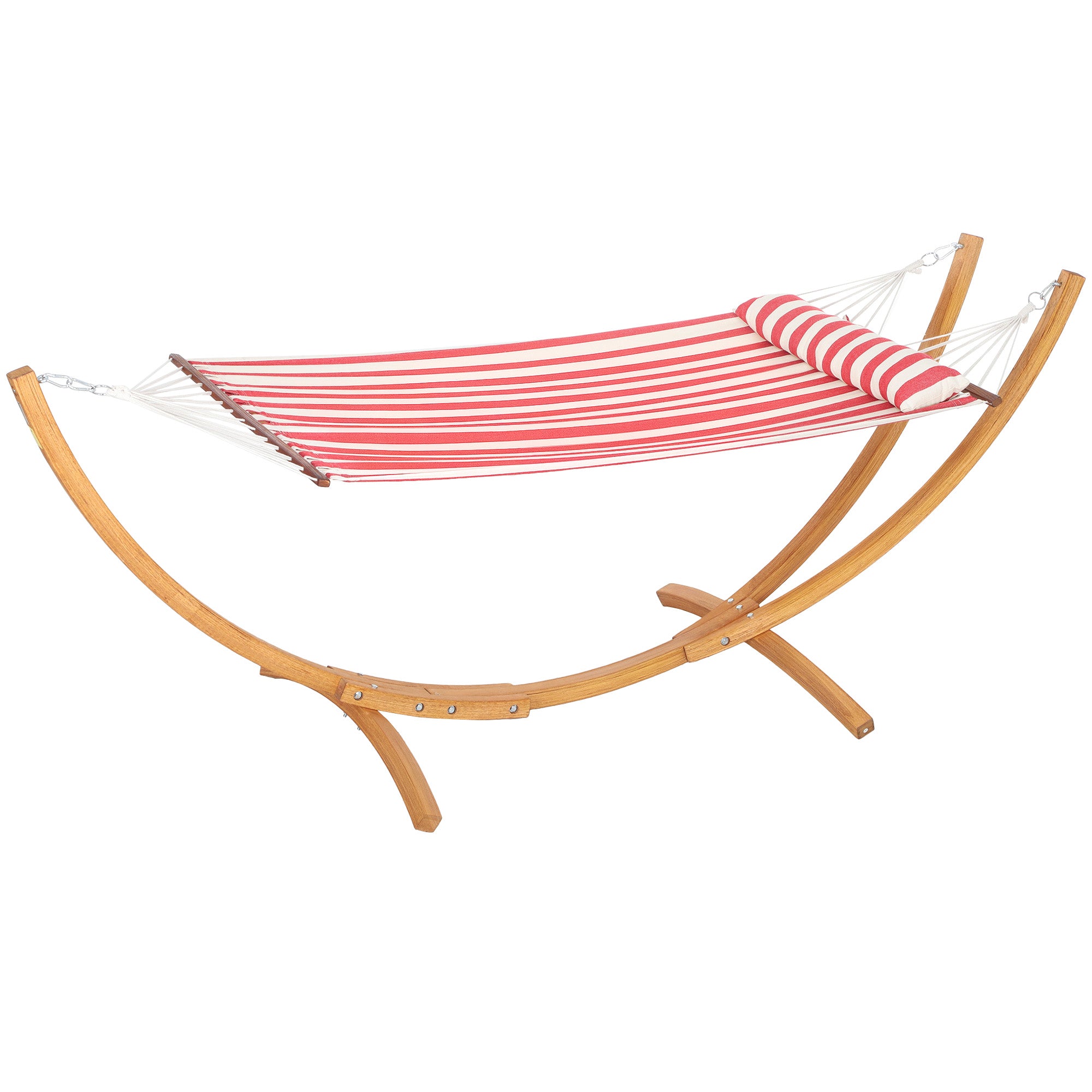 Single Hammock on Stand, Hammock with Wooden Support, Head Pillow, Cotton Bed, for Outdoor Terrace Pool, Red and White Stripes