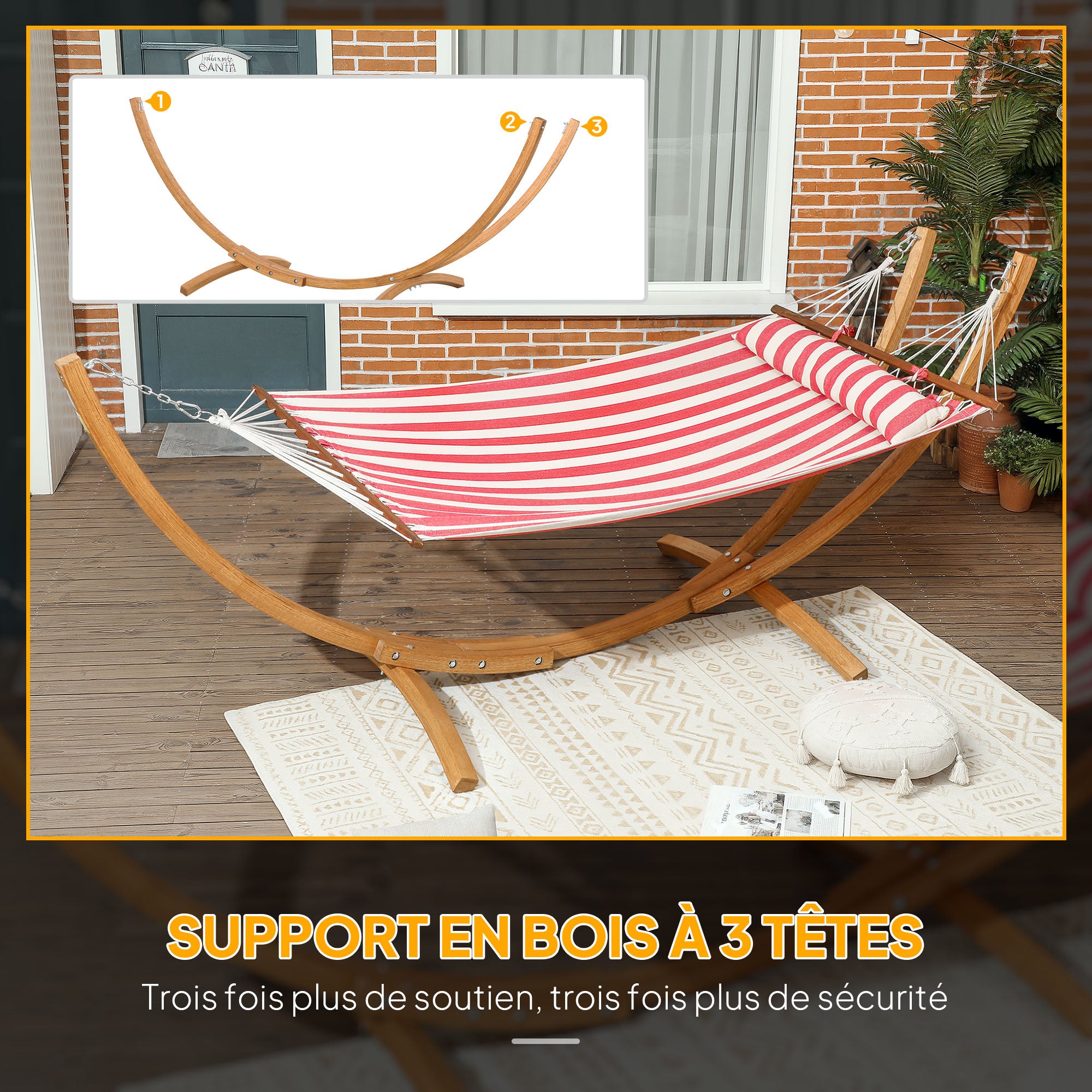 Single Hammock on Stand, Hammock with Wooden Support, Head Pillow, Cotton Bed, for Outdoor Terrace Pool, Red and White Stripes
