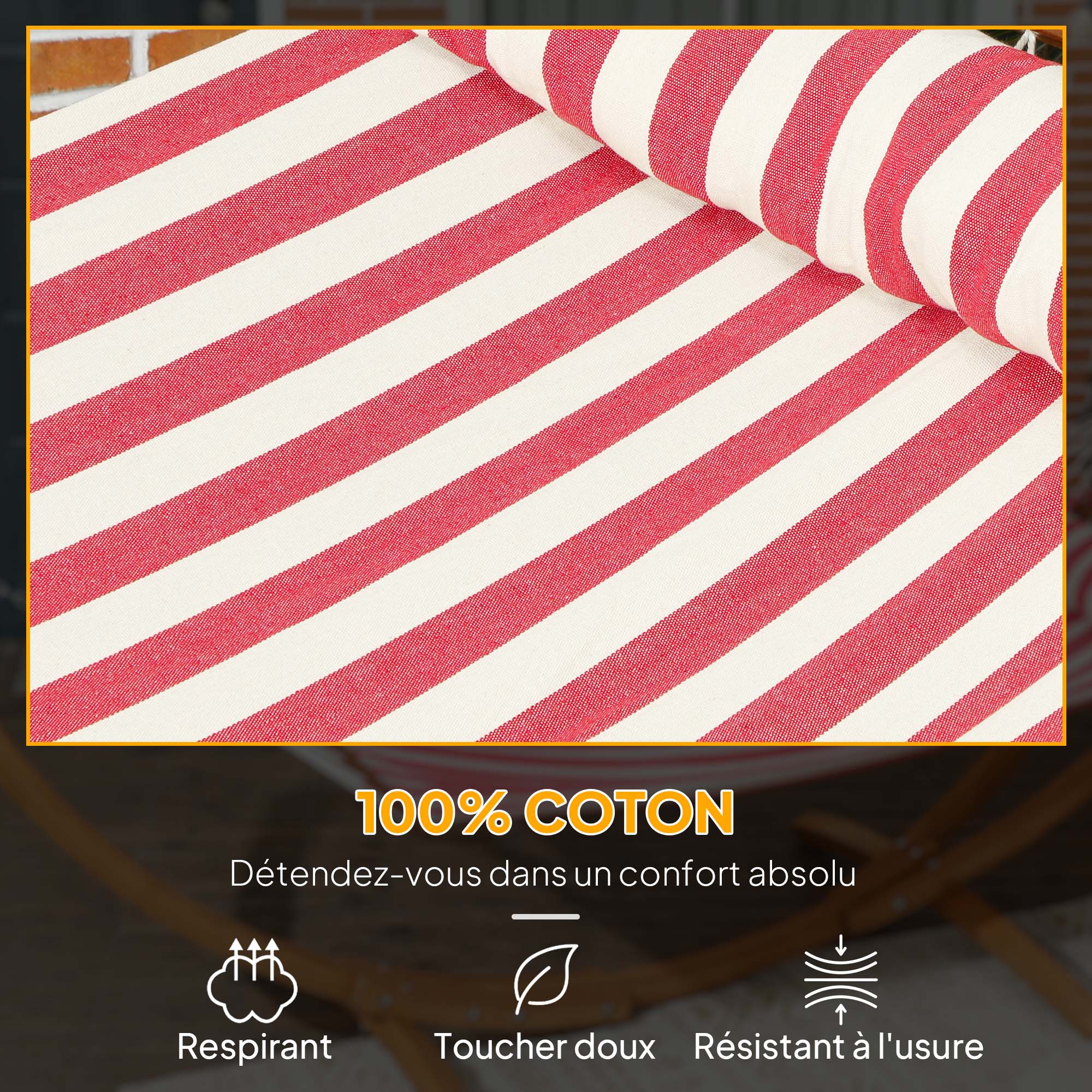 Single Hammock on Stand, Hammock with Wooden Support, Head Pillow, Cotton Bed, for Outdoor Terrace Pool, Red and White Stripes