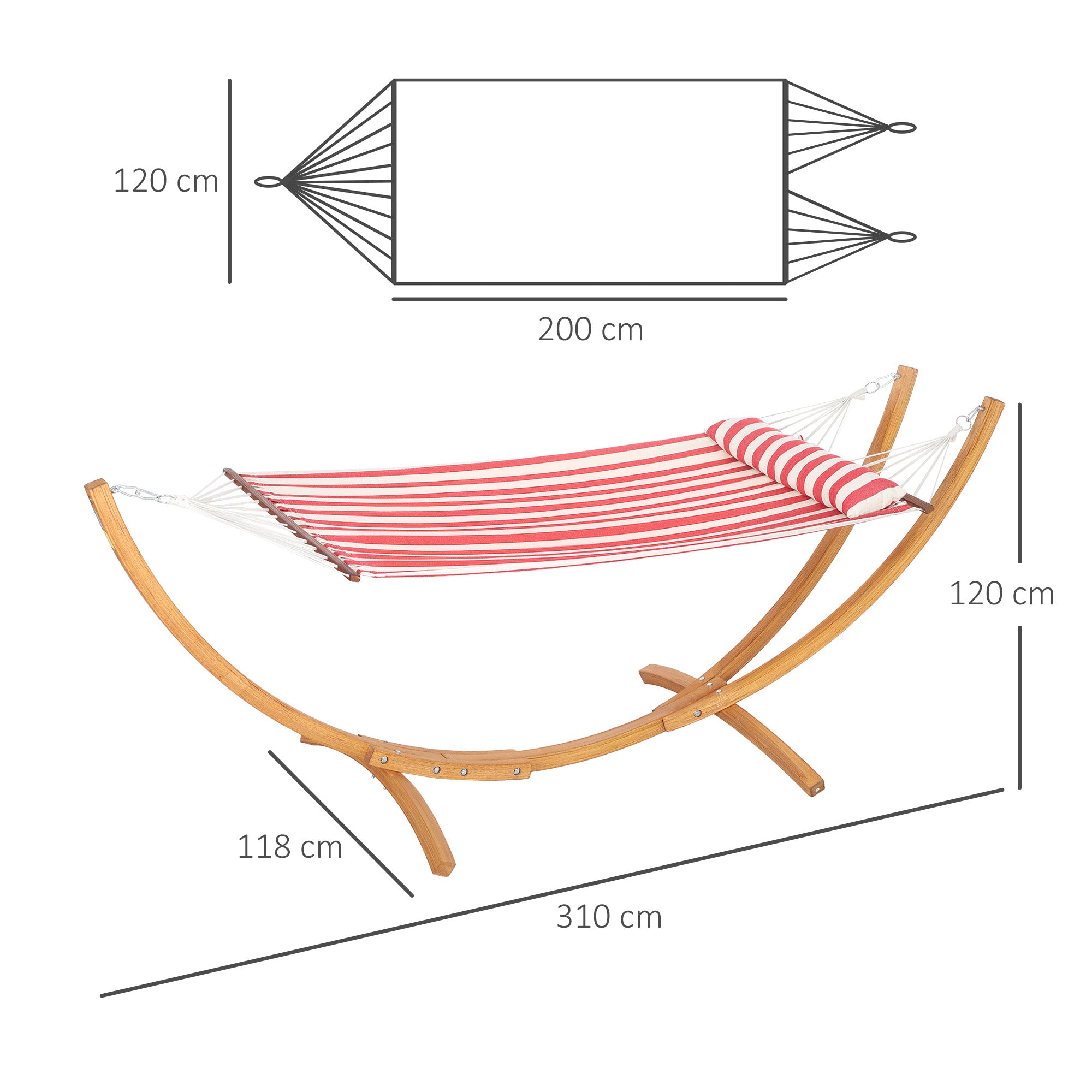 Single Hammock on Stand, Hammock with Wooden Support, Head Pillow, Cotton Bed, for Outdoor Terrace Pool, Red and White Stripes