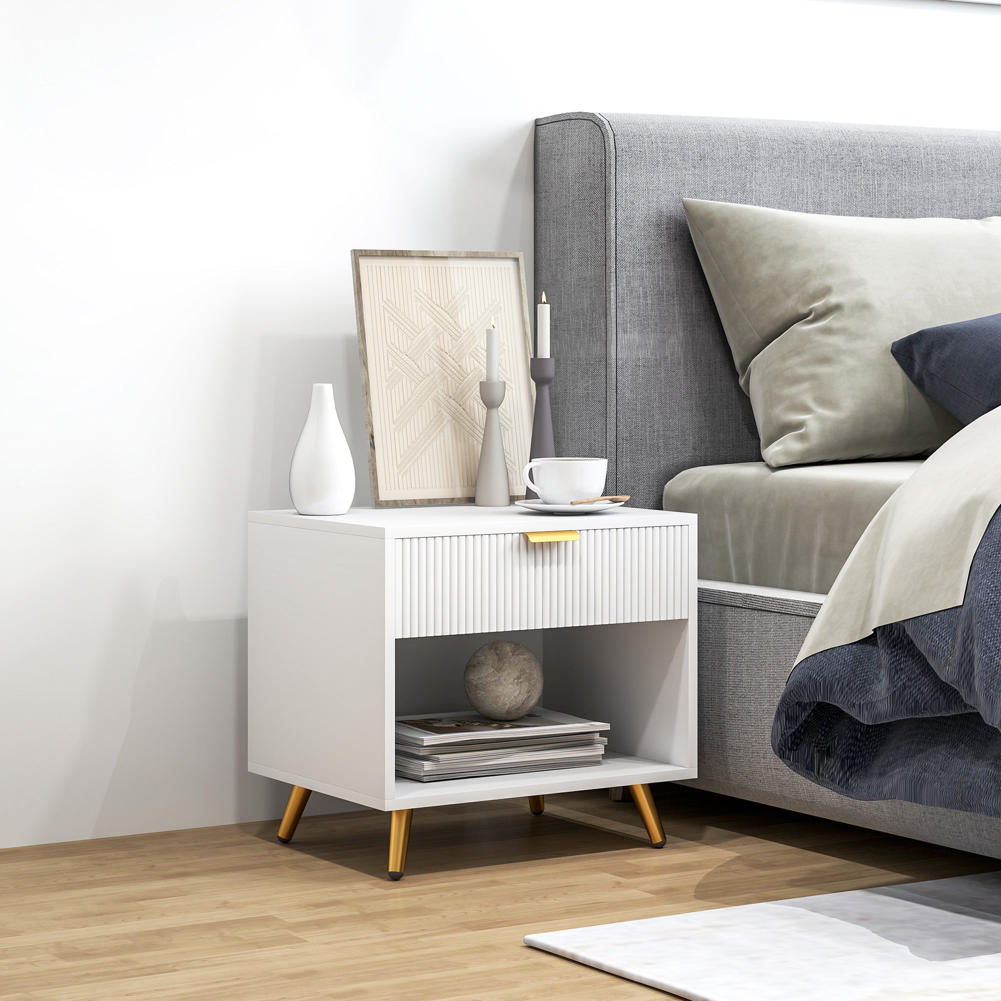 Modern Nightstand Bedside Table with Grooved Panel Drawer and Open Compartment for Bedroom Living Room 50x40x47 cm White