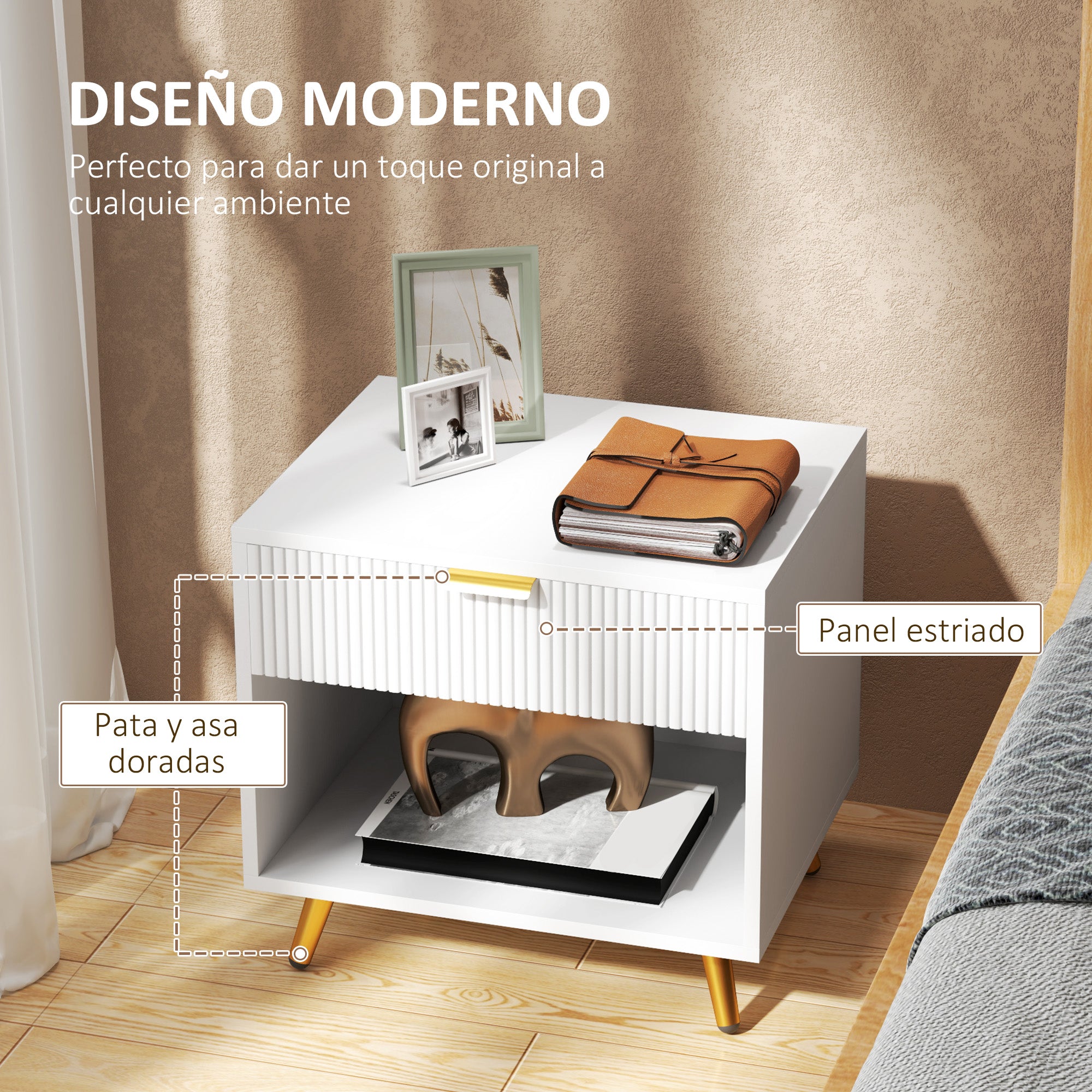 Modern Nightstand Bedside Table with Grooved Panel Drawer and Open Compartment for Bedroom Living Room 50x40x47 cm White
