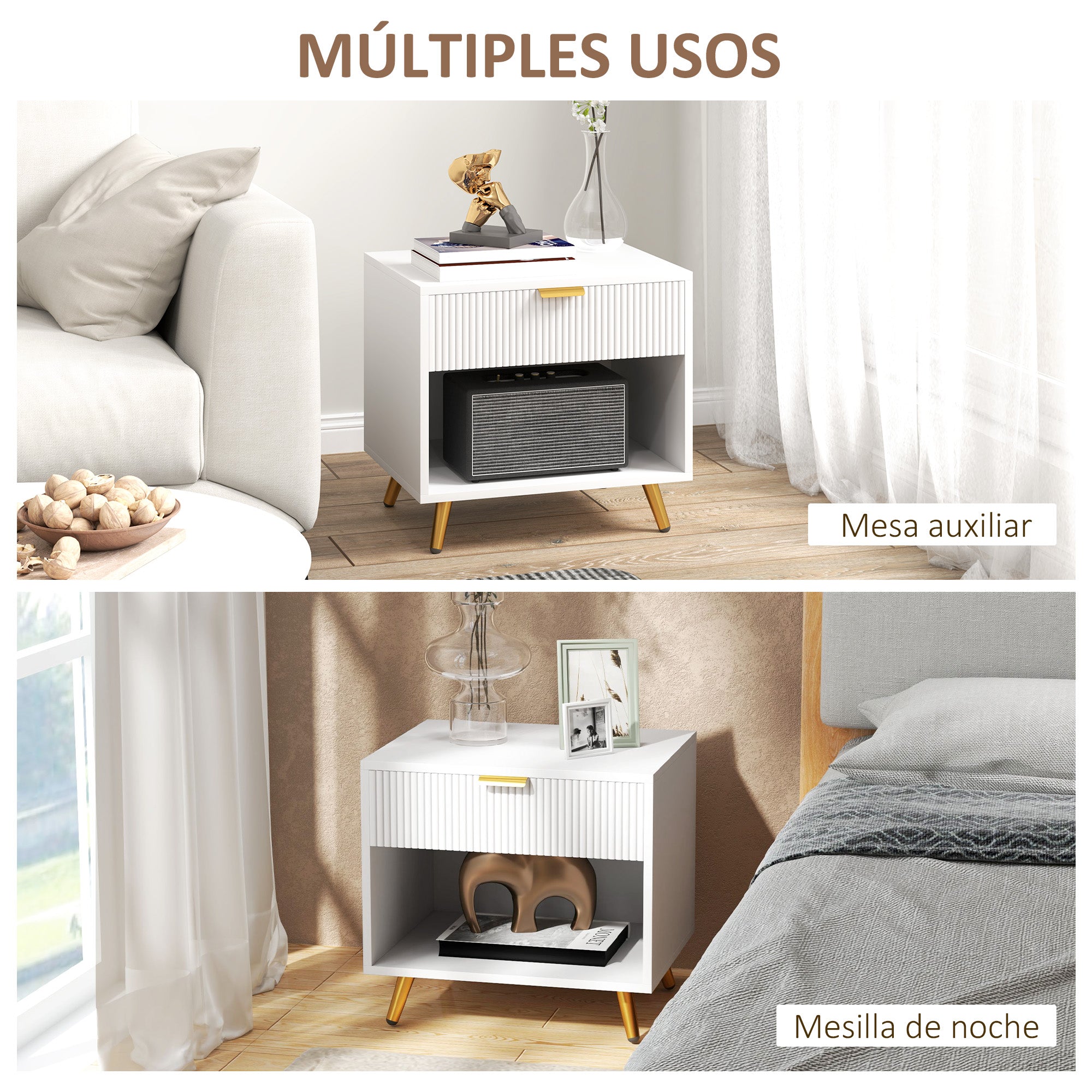 Modern Nightstand Bedside Table with Grooved Panel Drawer and Open Compartment for Bedroom Living Room 50x40x47 cm White