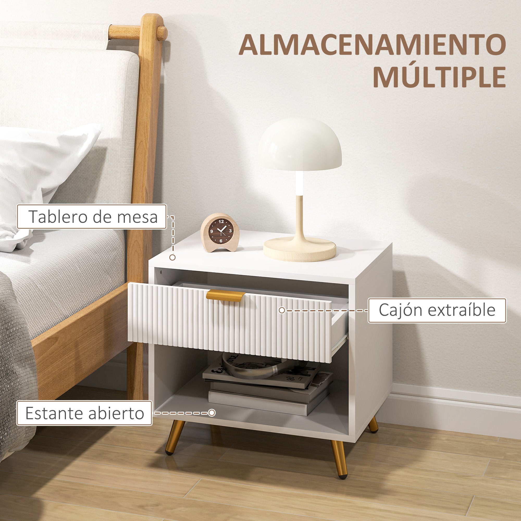 Modern Nightstand Bedside Table with Grooved Panel Drawer and Open Compartment for Bedroom Living Room 50x40x47 cm White