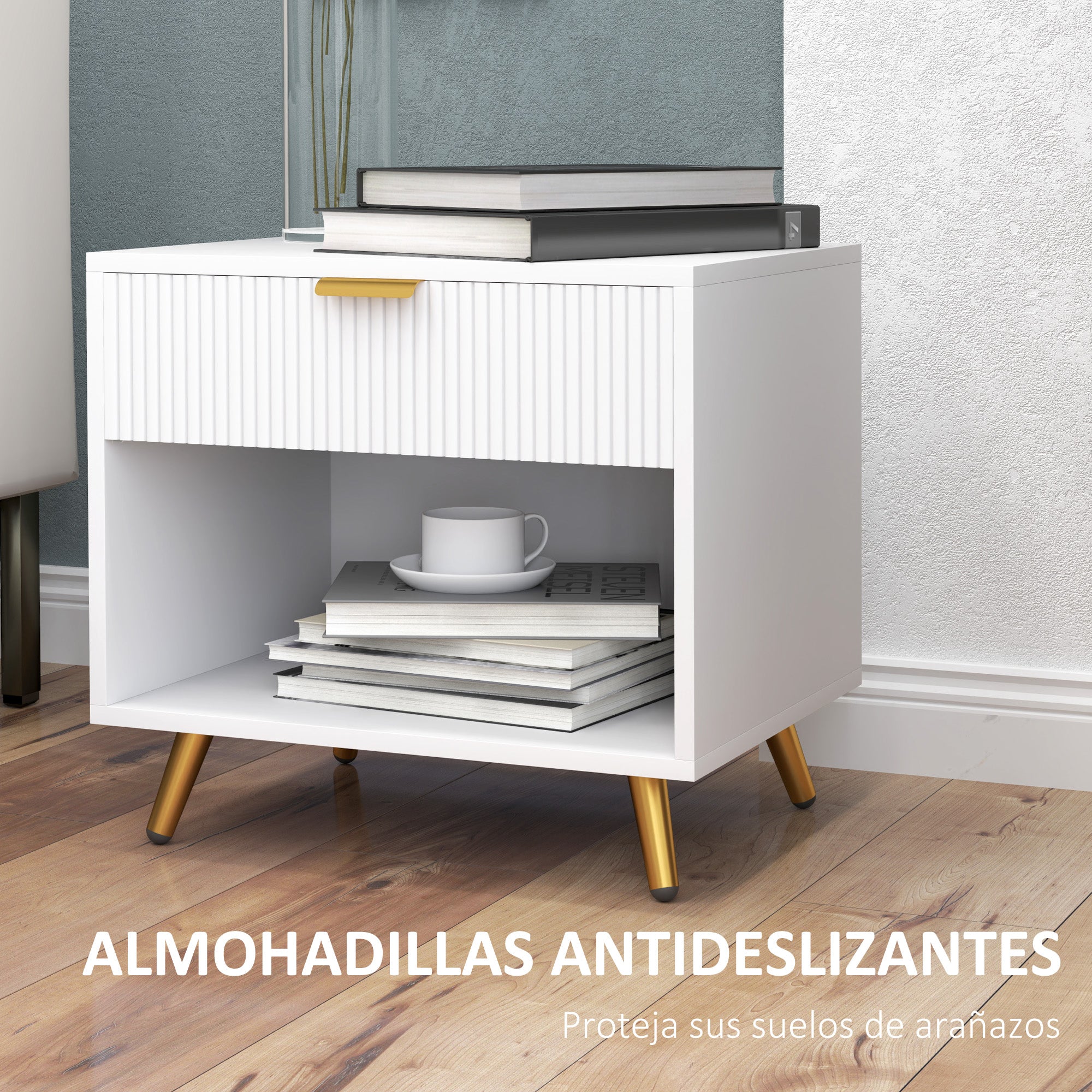 Modern Nightstand Bedside Table with Grooved Panel Drawer and Open Compartment for Bedroom Living Room 50x40x47 cm White