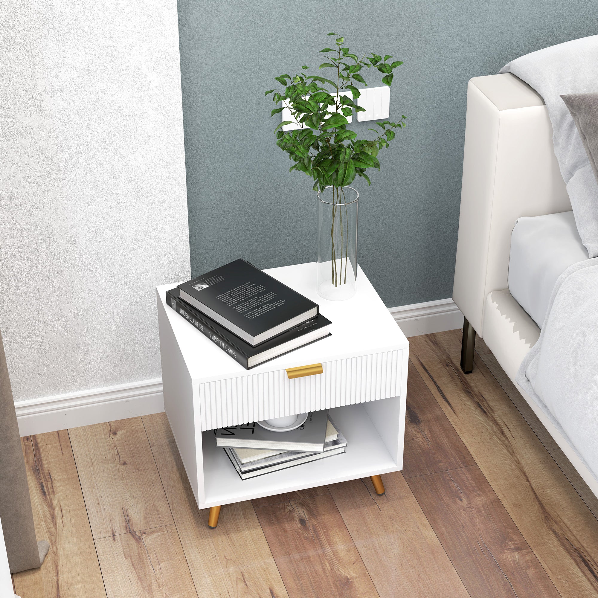 Modern Nightstand Bedside Table with Grooved Panel Drawer and Open Compartment for Bedroom Living Room 50x40x47 cm White