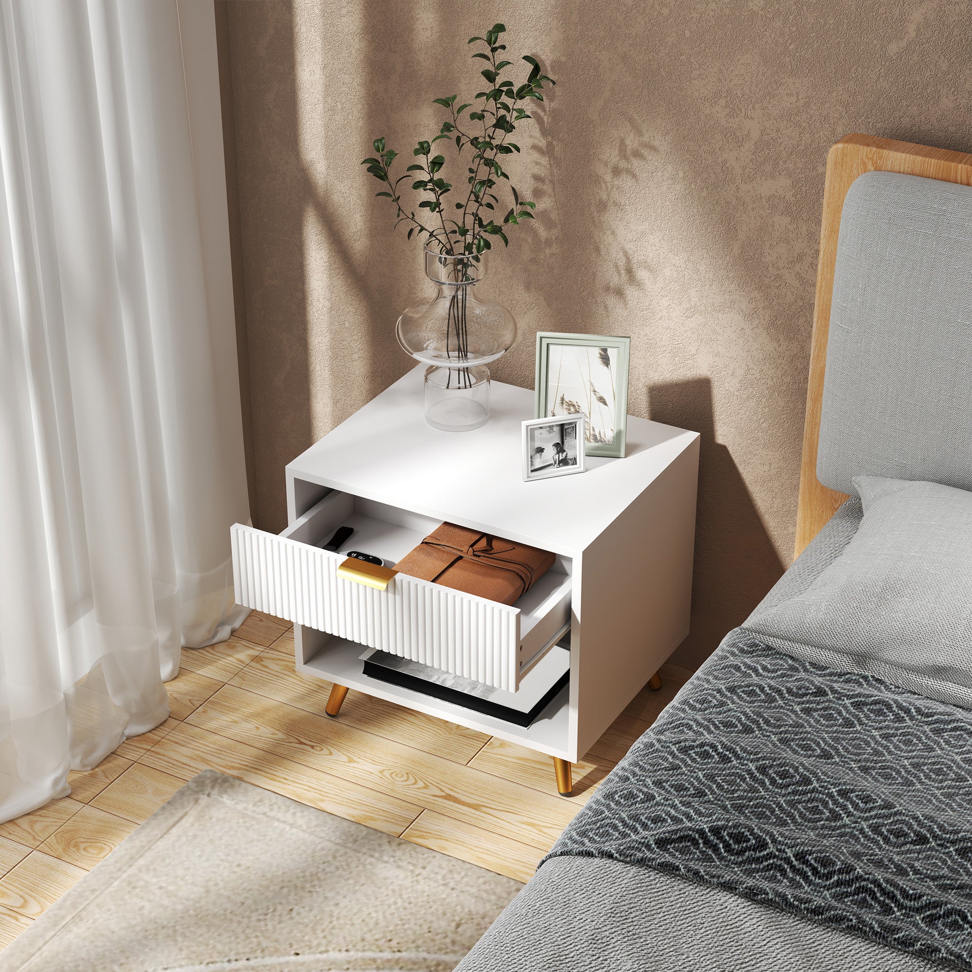 Modern Nightstand Bedside Table with Grooved Panel Drawer and Open Compartment for Bedroom Living Room 50x40x47 cm White