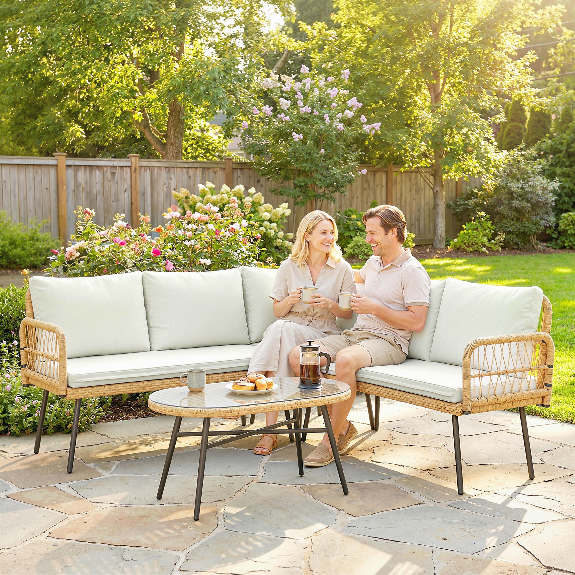 4-Piece PE Rattan Outdoor Lounge Set with Corner Sofa, Two Two-Seaters & Glass Coffee Table, Removable Cushion Covers, Seats up to 5, Cream White