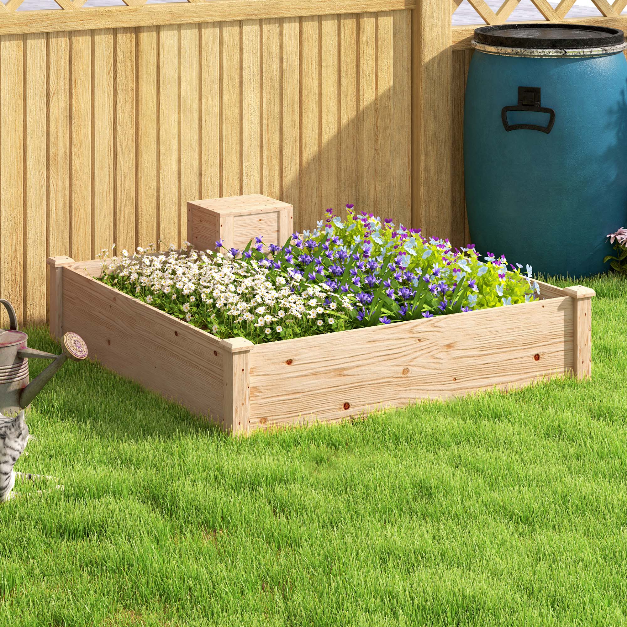 Wooden Planter, outdoor square wooden raised garden bed with compost bin, open bottom design, flower bed for vegetables and flowers in garden terrace patio, 123 x 123 x 25.5 cm, natural wood