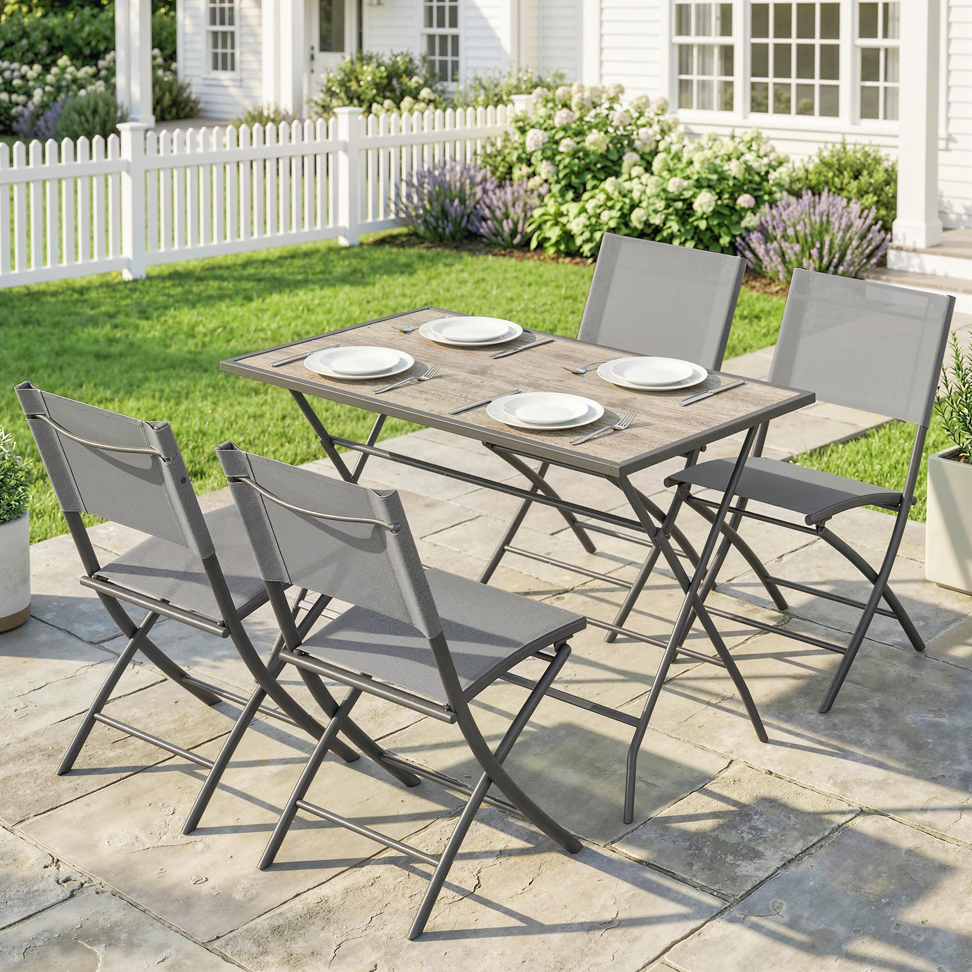 5-Piece Folding Garden Dining Set – Gray Wood-Look Table with 4 Breathable Mesh Chairs, Space-Saving Weather-Resistant Patio Set