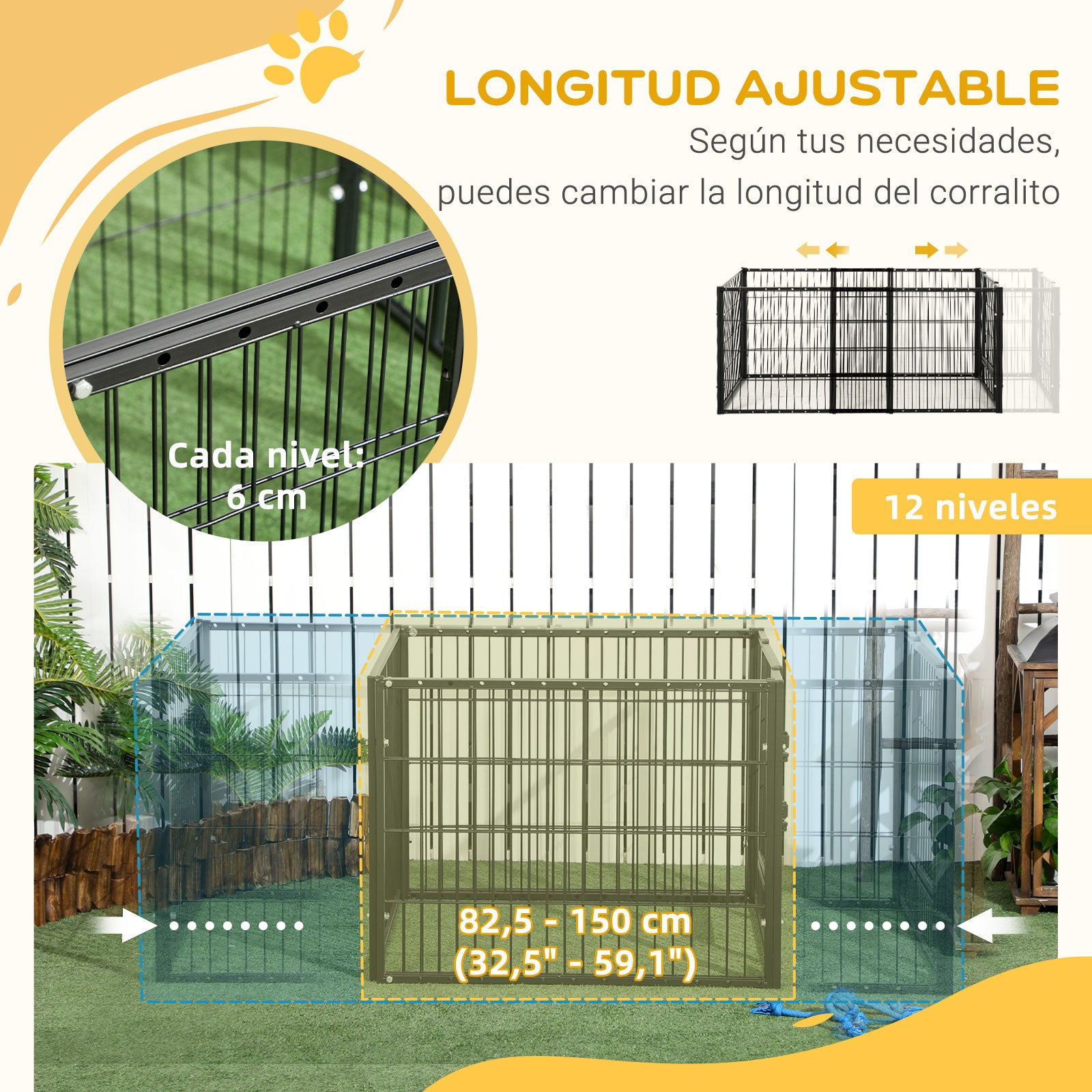 6 Panel Dog Playpen Dog Fence with Adjustable Width Steel Frame 82.5-150x79x61 cm Black