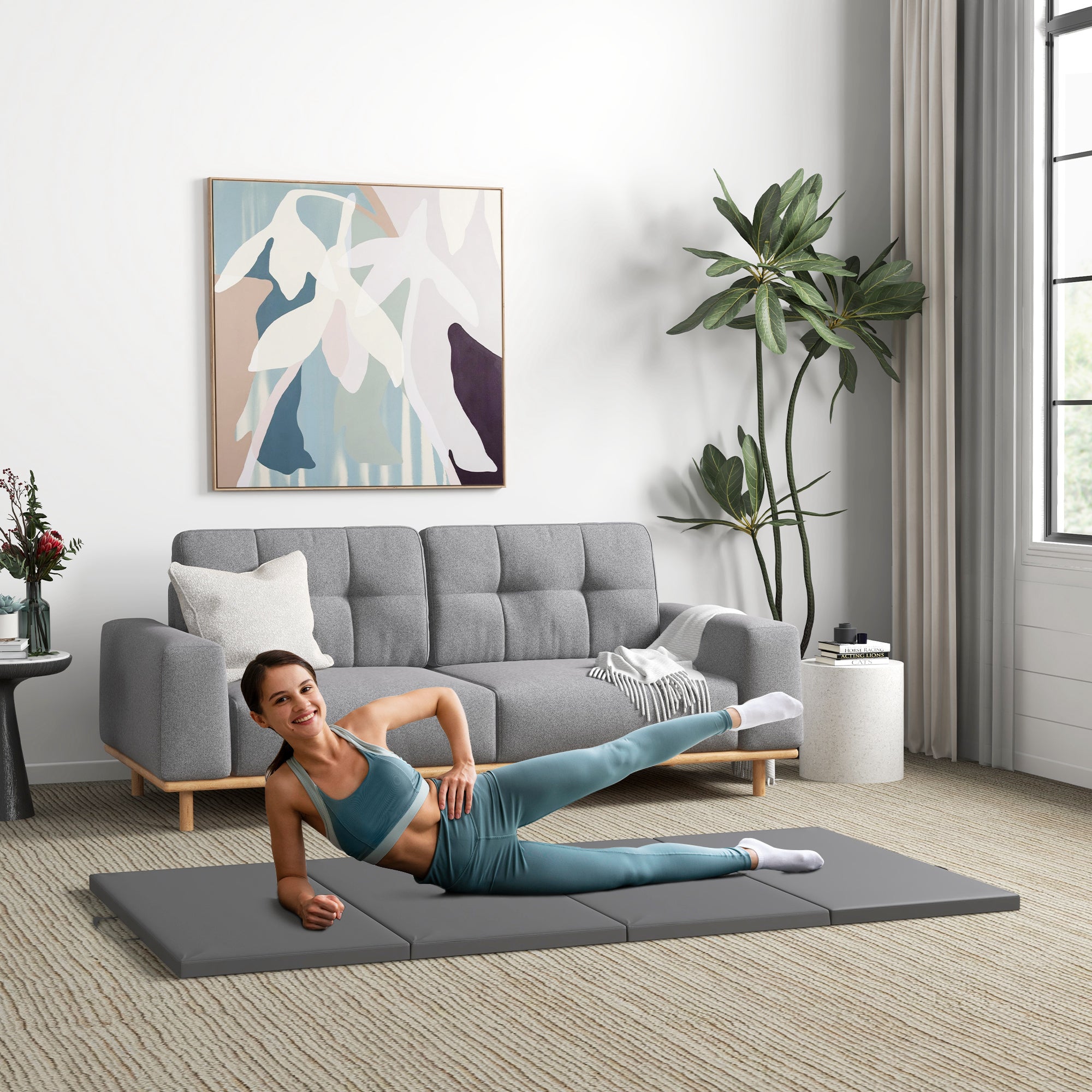 Folding gymnastics mat, thick gymnastics mat, 240 x 120 x 5 cm, with handle, floor mat for yoga, MMA, sports, fitness, pilates, synthetic coating, gray