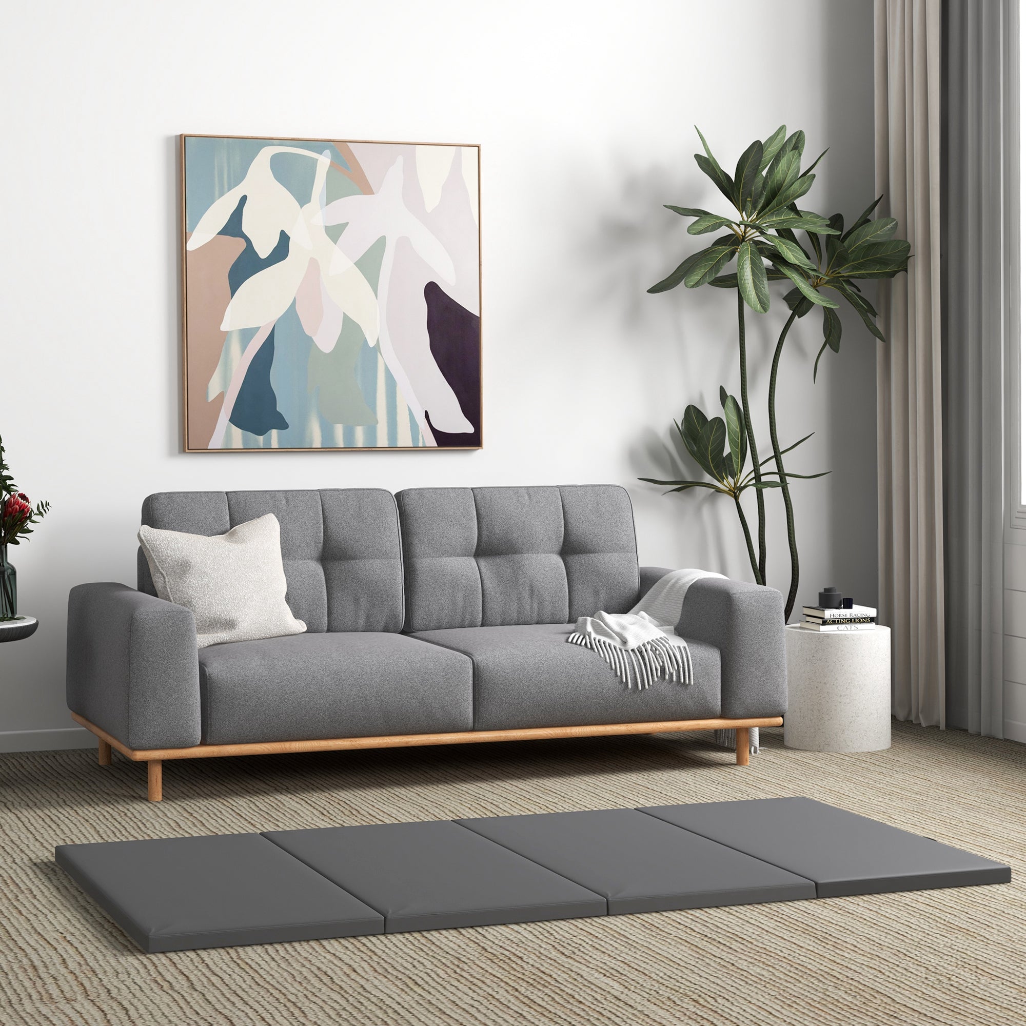 Folding gymnastics mat, thick gymnastics mat, 240 x 120 x 5 cm, with handle, floor mat for yoga, MMA, sports, fitness, pilates, synthetic coating, gray