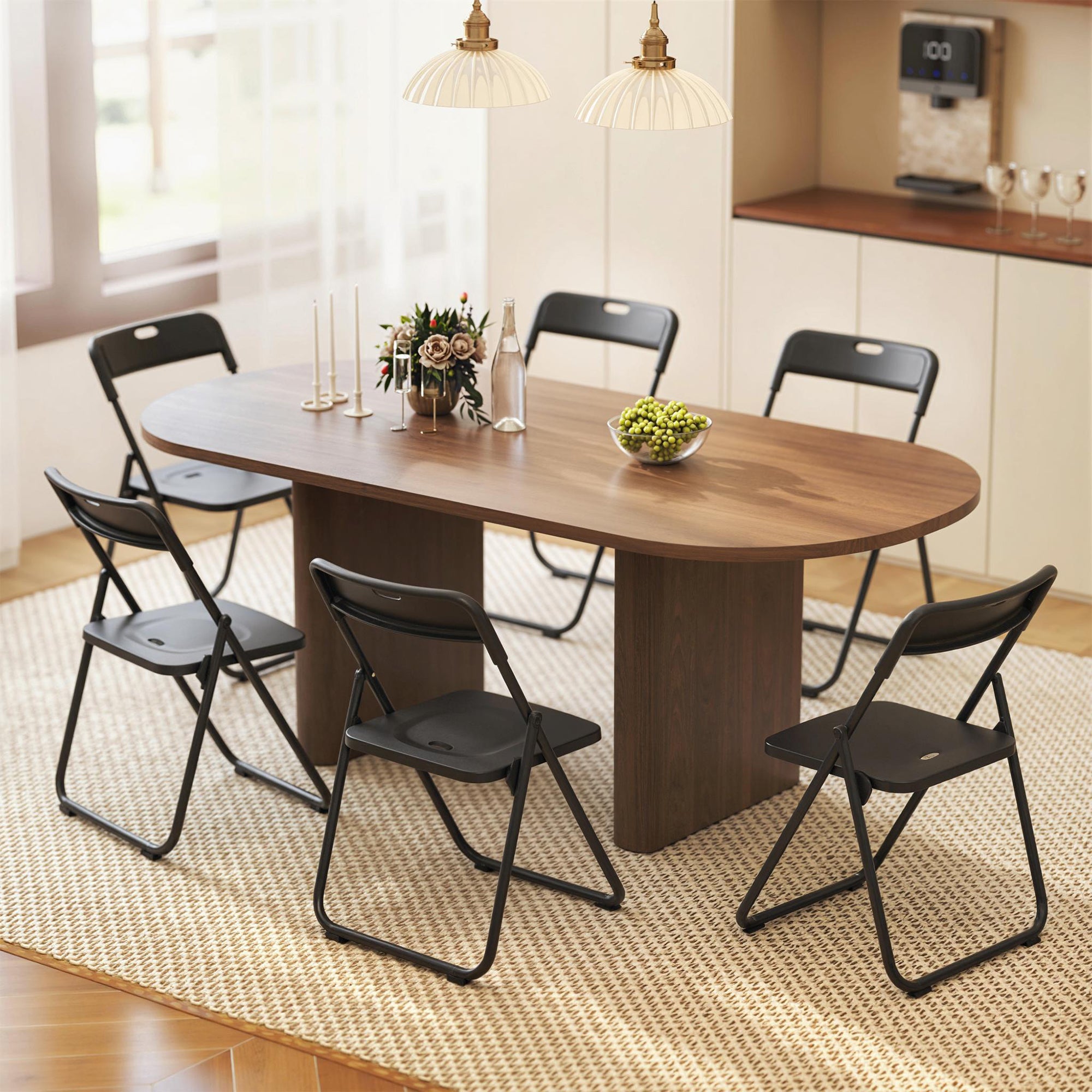 Set of 6 Folding Plastic Dining Chairs with Steel Frame — Curved Back & Contoured Seat, Space-Saving (Black)