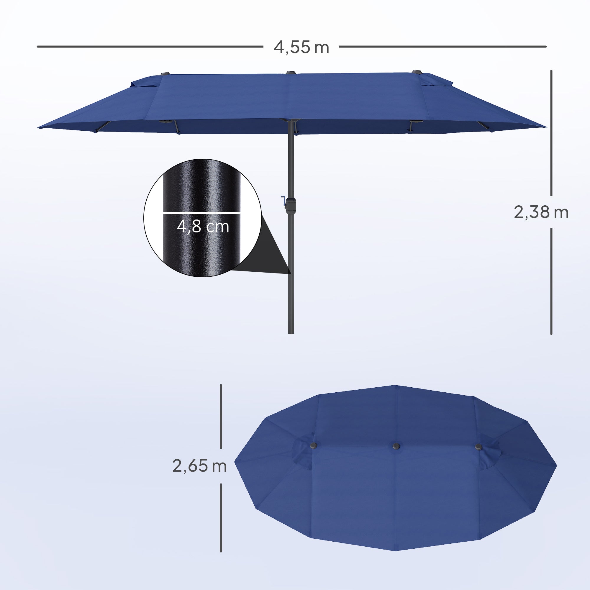 Double Sun Umbrella 455 x 265 cm, UV Protection Umbrella with Crank, Balcony Umbrella Beach Umbrella Windproof Crank Umbrella Sun Protection for Beach Balcony Garden, Blue