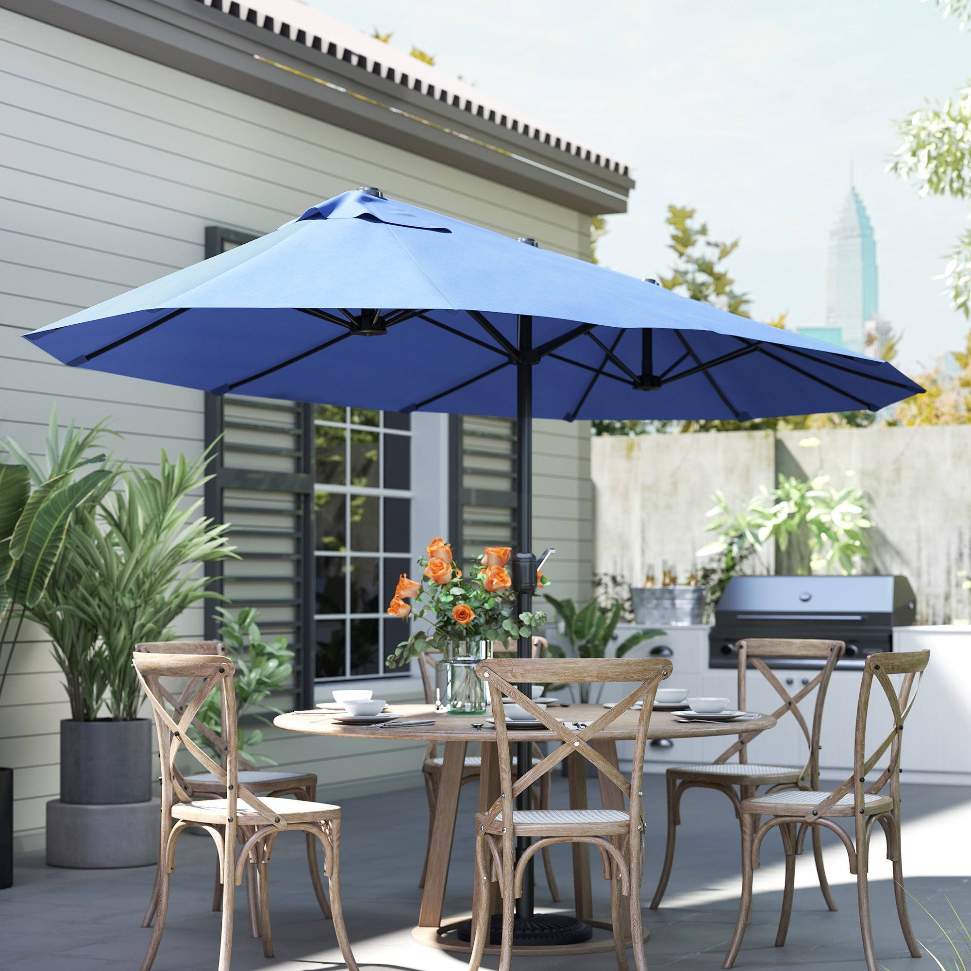 Double Sun Umbrella 455 x 265 cm, UV Protection Umbrella with Crank, Balcony Umbrella Beach Umbrella Windproof Crank Umbrella Sun Protection for Beach Balcony Garden, Blue