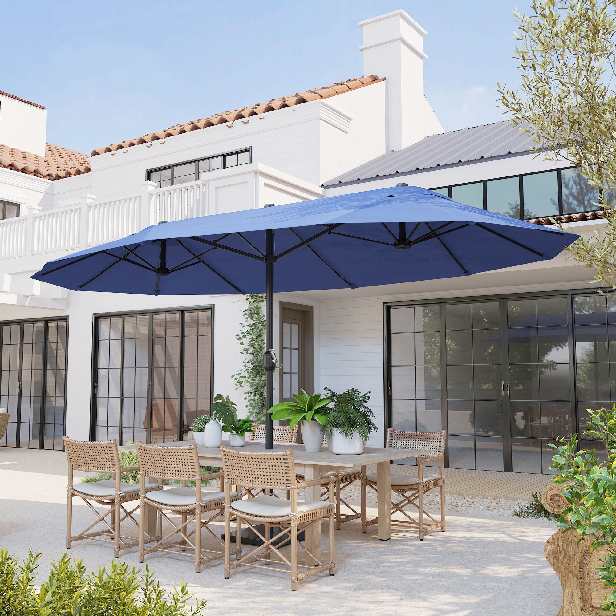 Double Sun Umbrella 455 x 265 cm, UV Protection Umbrella with Crank, Balcony Umbrella Beach Umbrella Windproof Crank Umbrella Sun Protection for Beach Balcony Garden, Blue