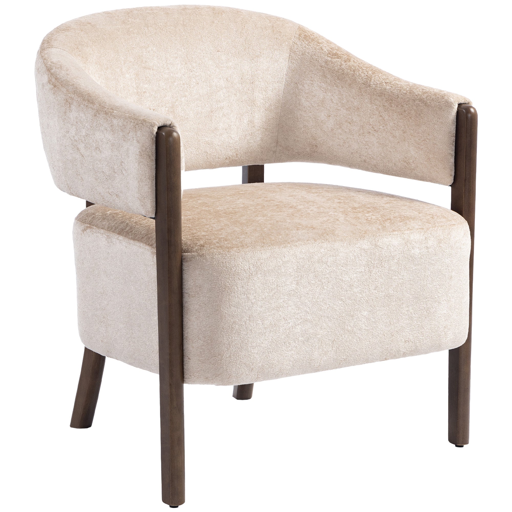 Chenille-Style Lounge Armchair with Wooden Legs, Modern Upholstered Accent Chair for Living Room & Bedroom, Beige