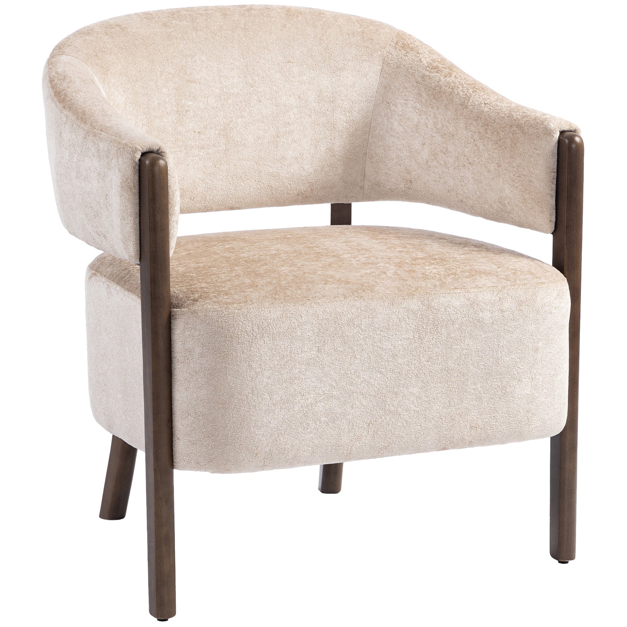 Chenille-Style Lounge Armchair with Wooden Legs, Modern Upholstered Accent Chair for Living Room & Bedroom, Beige
