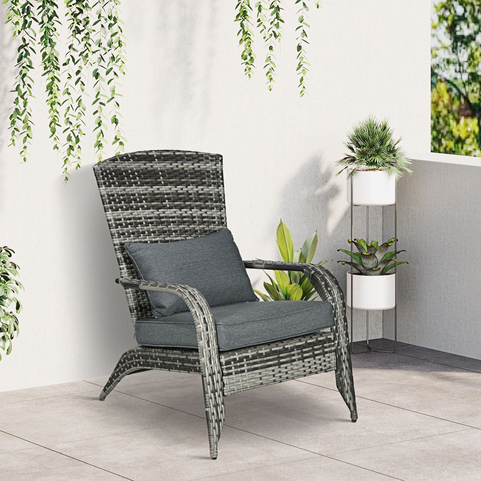 Adirondack Garden Chair with Armrests and Cushions, Rattan and Steel Chair for Indoor and Outdoor, 64x80x90 cm, Gray
