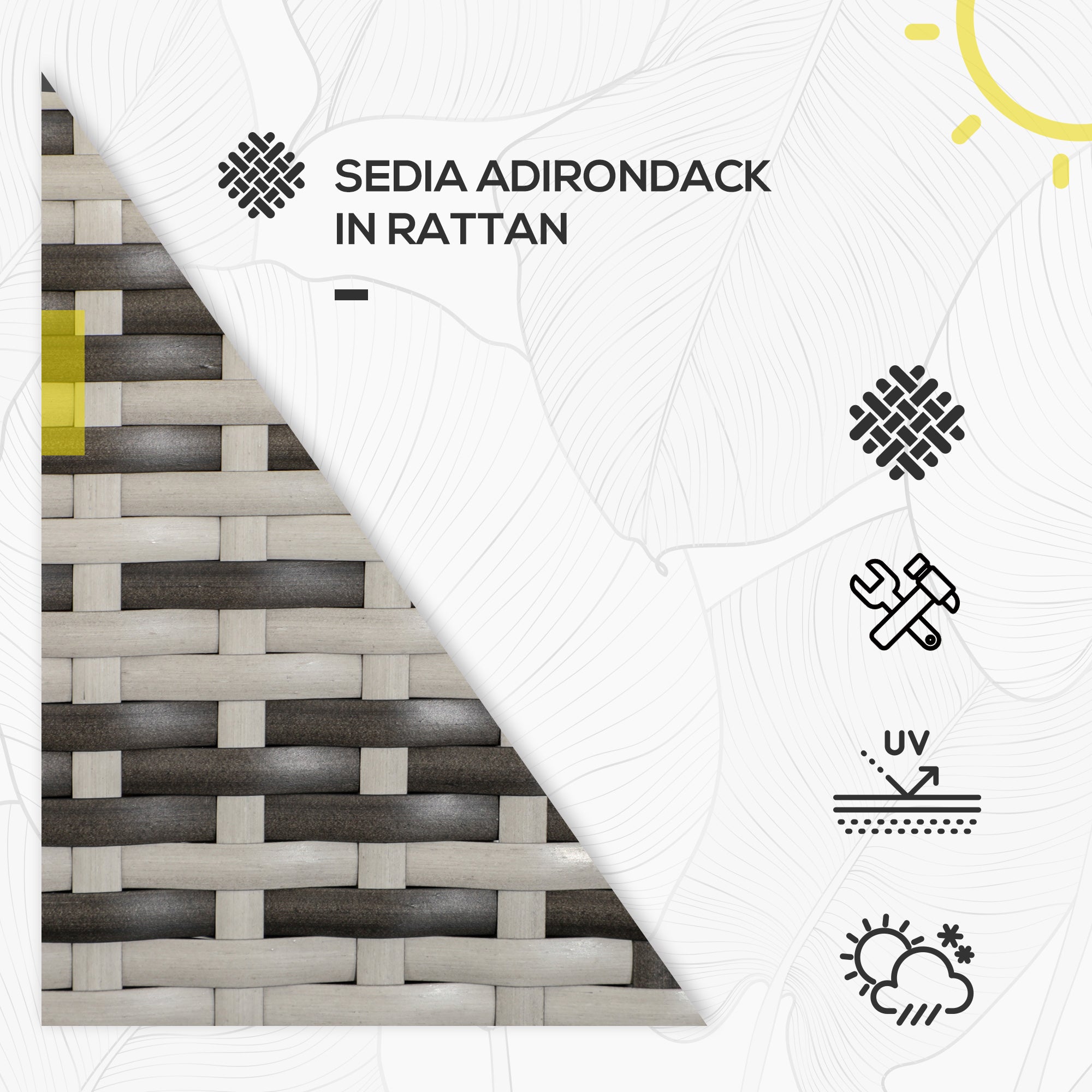 Adirondack Garden Chair with Armrests and Cushions, Rattan and Steel Chair for Indoor and Outdoor, 64x80x90 cm, Gray