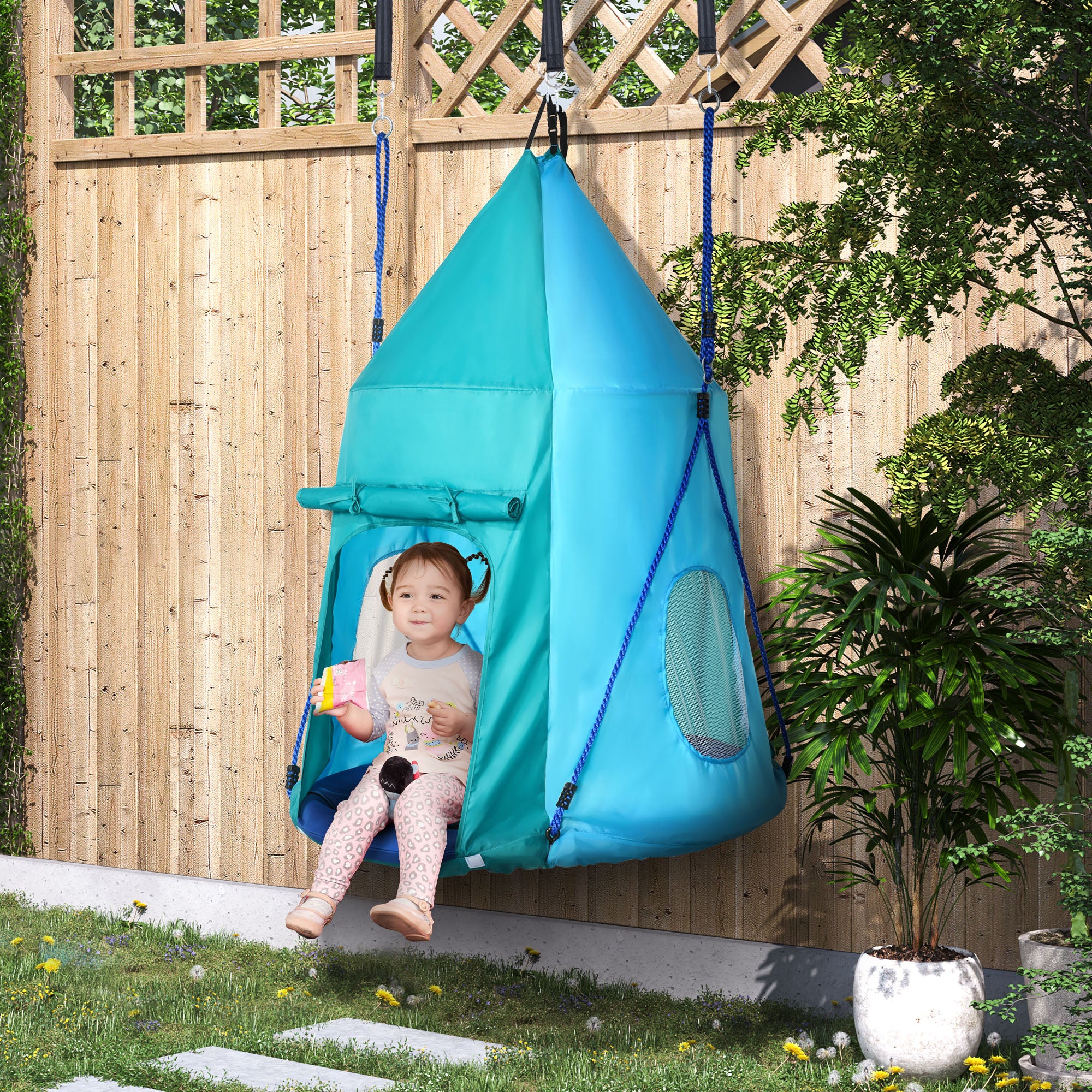 Bird Nest Swing with Removable Tent Ø 100 cm, max load 150 Kg for children 3-8 years - adjustable rope height 120 to 180 cm - blue