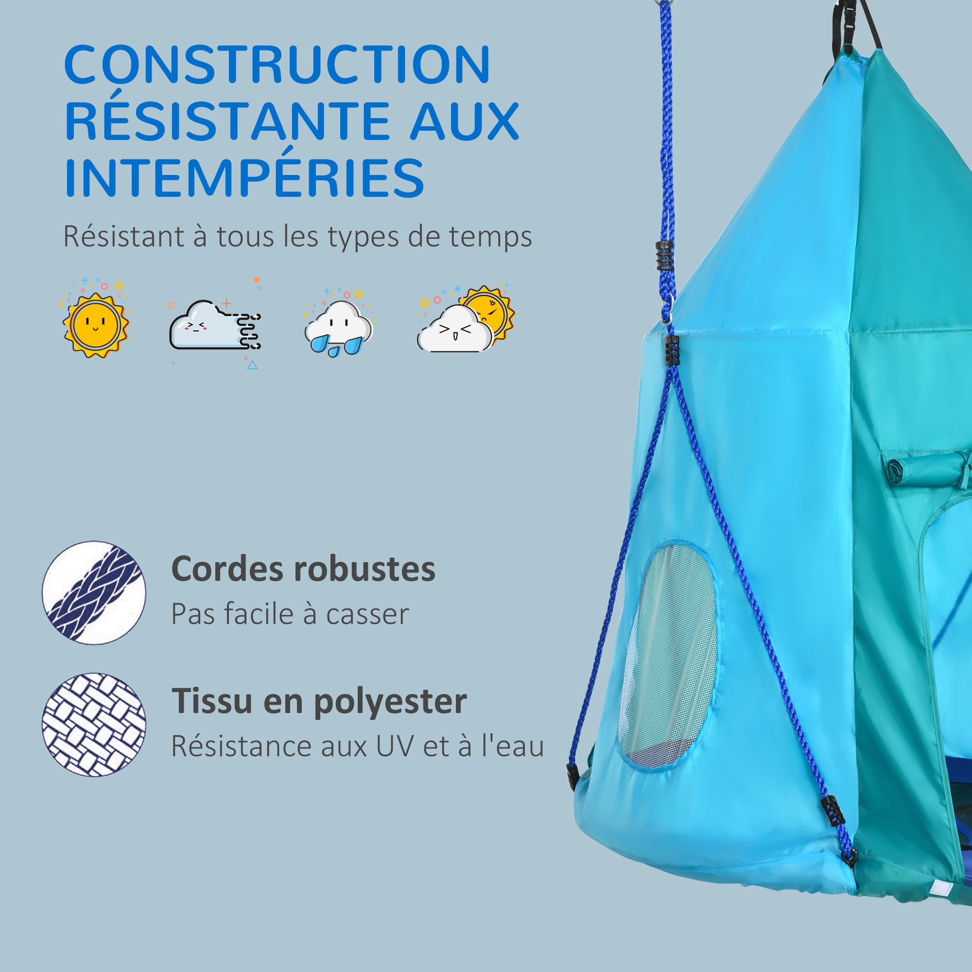 Bird Nest Swing with Removable Tent Ø 100 cm, max load 150 Kg for children 3-8 years - adjustable rope height 120 to 180 cm - blue