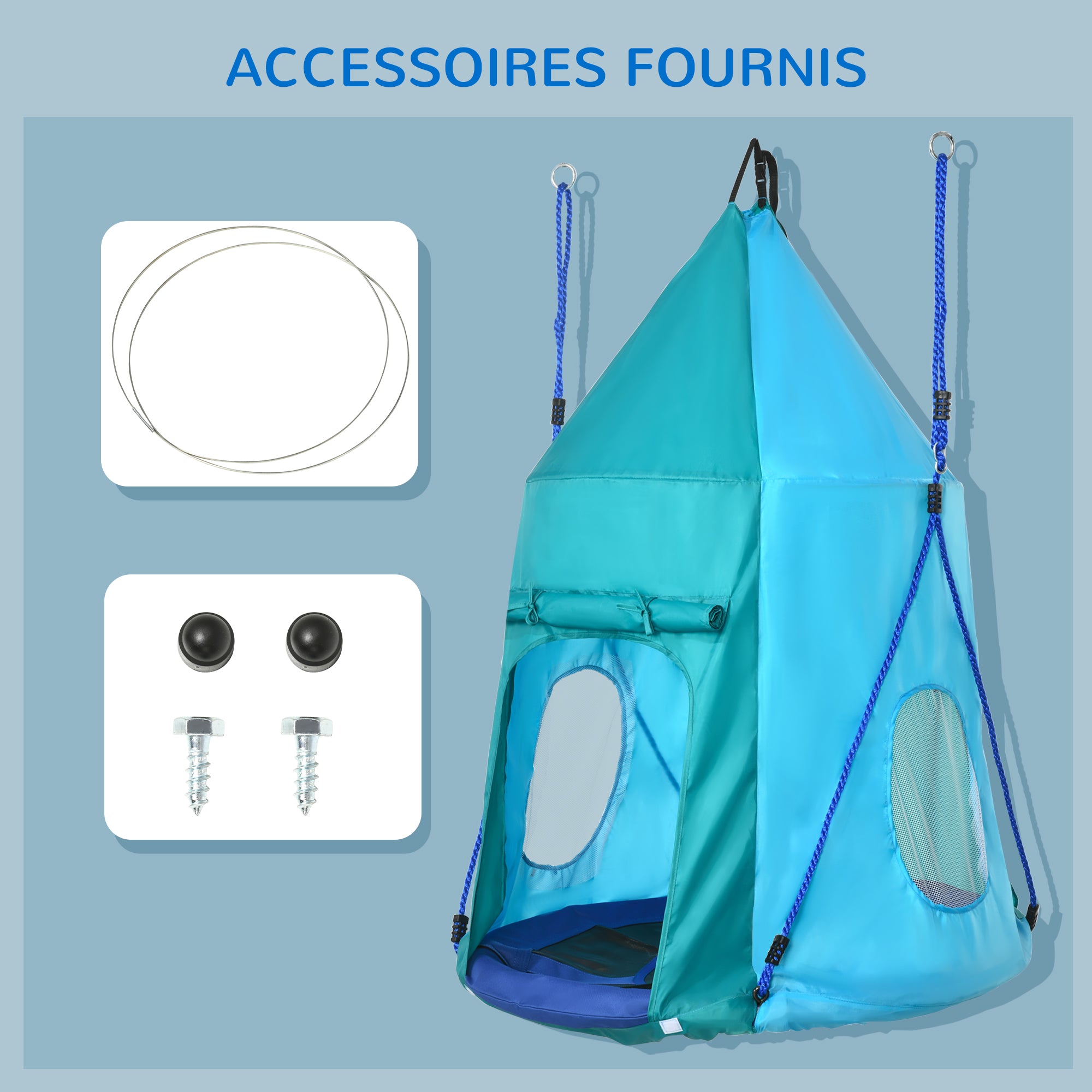 Bird Nest Swing with Removable Tent Ø 100 cm, max load 150 Kg for children 3-8 years - adjustable rope height 120 to 180 cm - blue