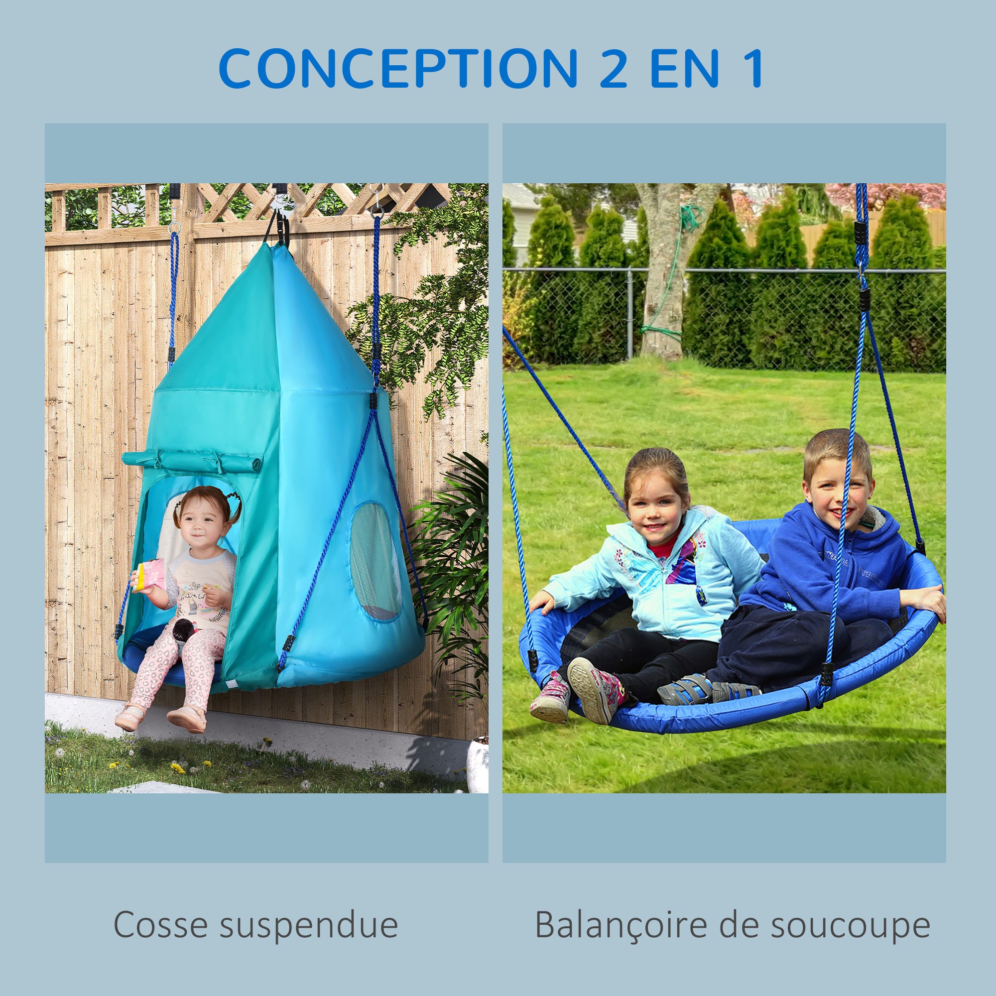 Bird Nest Swing with Removable Tent Ø 100 cm, max load 150 Kg for children 3-8 years - adjustable rope height 120 to 180 cm - blue