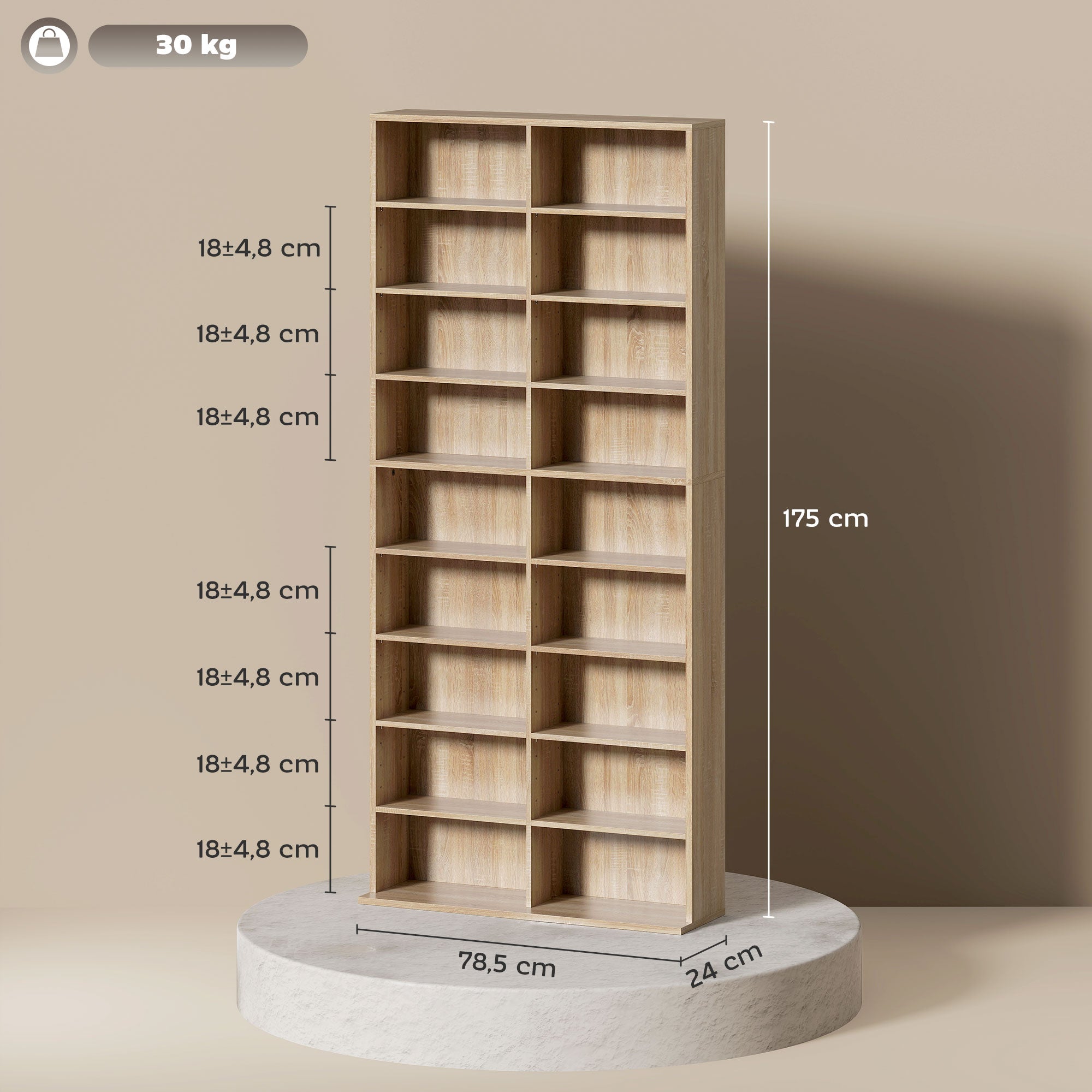 Media Shelf for CDs, DVDs & Blu-rays – Holds up to 640 CDs / 360 DVDs / 430 Blu-rays, Adjustable Shelves, Natural Wood Finish (31 x 9.4 x 68.9 in)